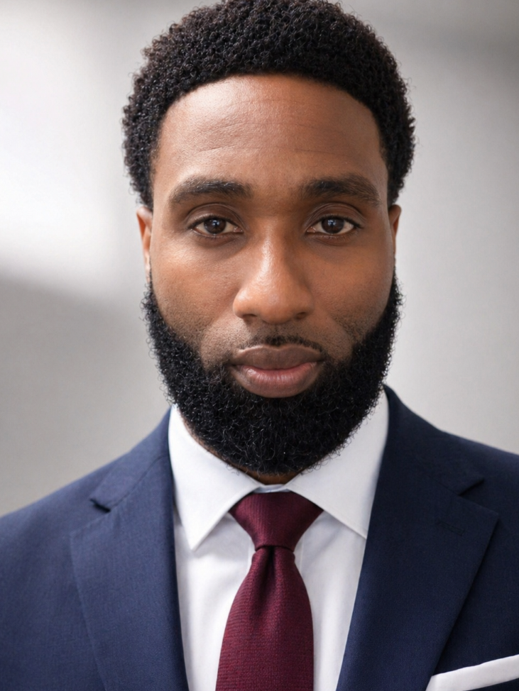 A close-up portrait of a young man with dark skin, curly hair, and a full beard, dressed in a navy blue suit, white shirt, and burgundy tie.