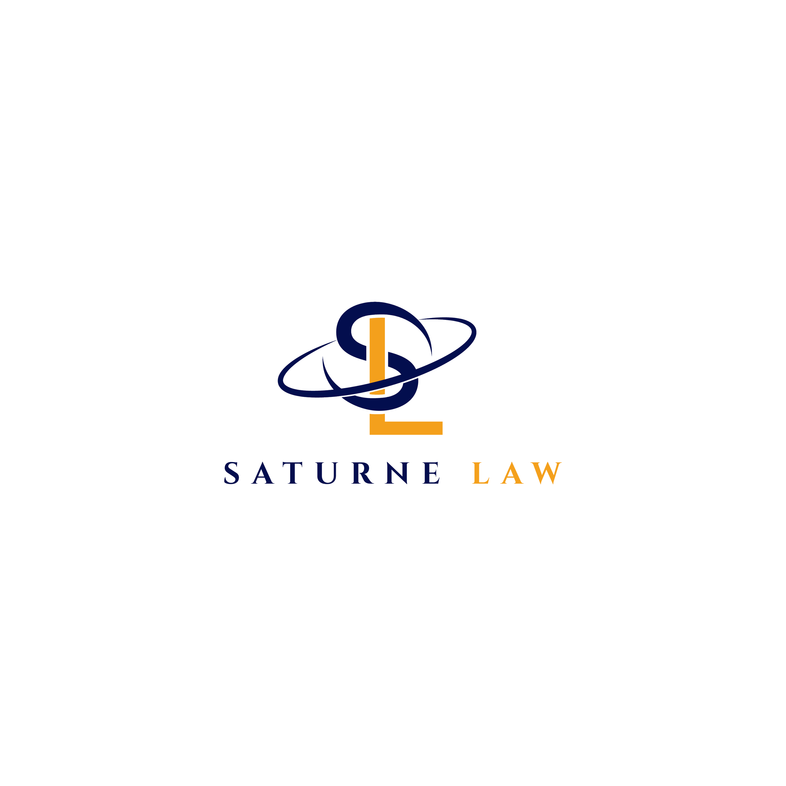 Saturn Law logo featuring a stylized planet Saturn with rings and a vertical orange line through the center, with the words 'Saturn Law' underneath in blue and orange text.