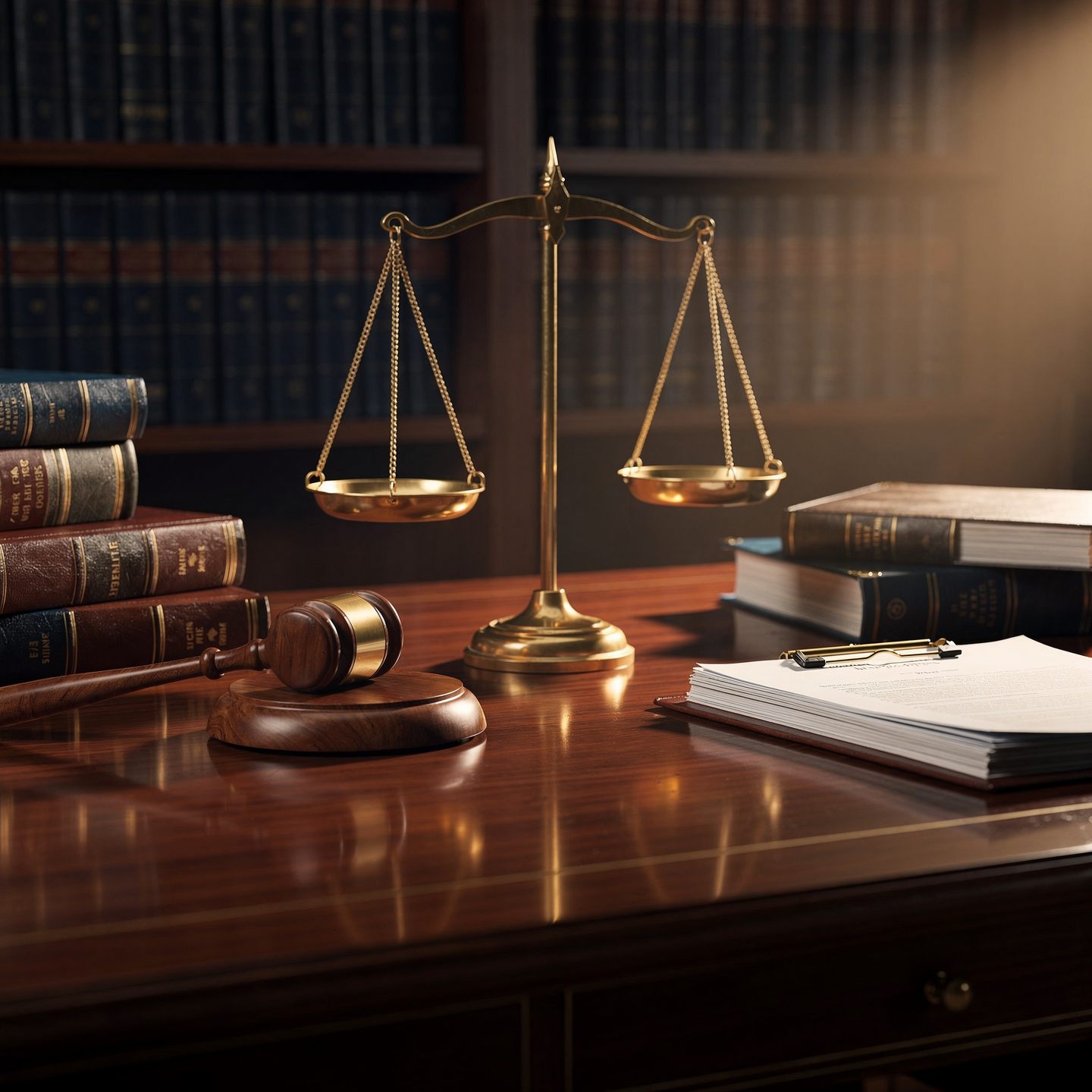 A wooden desk in a law office setting with a gavel and sound block, a brass balance scale, several legal books, and a stack of papers with a clipboard.