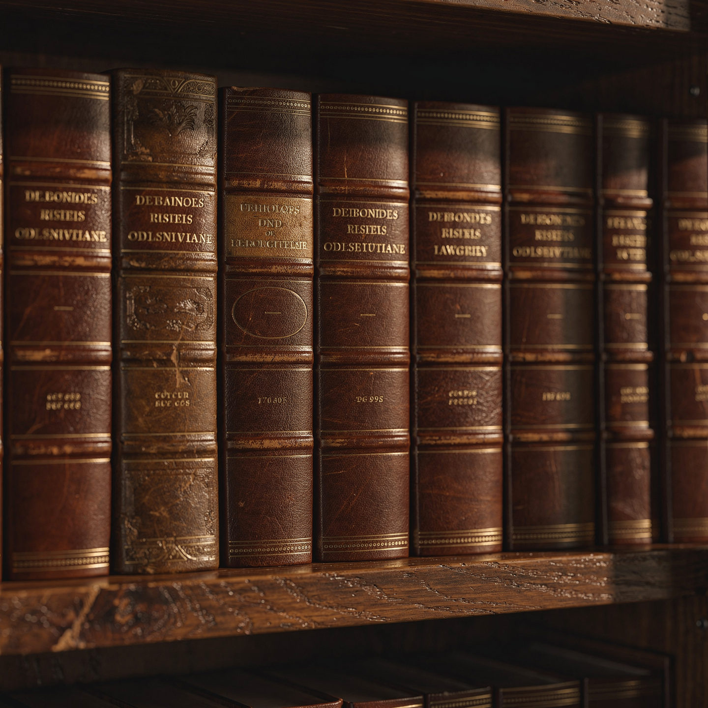 A row of old, leather-bound books with gold embossing on the spines, on a wooden shelf.