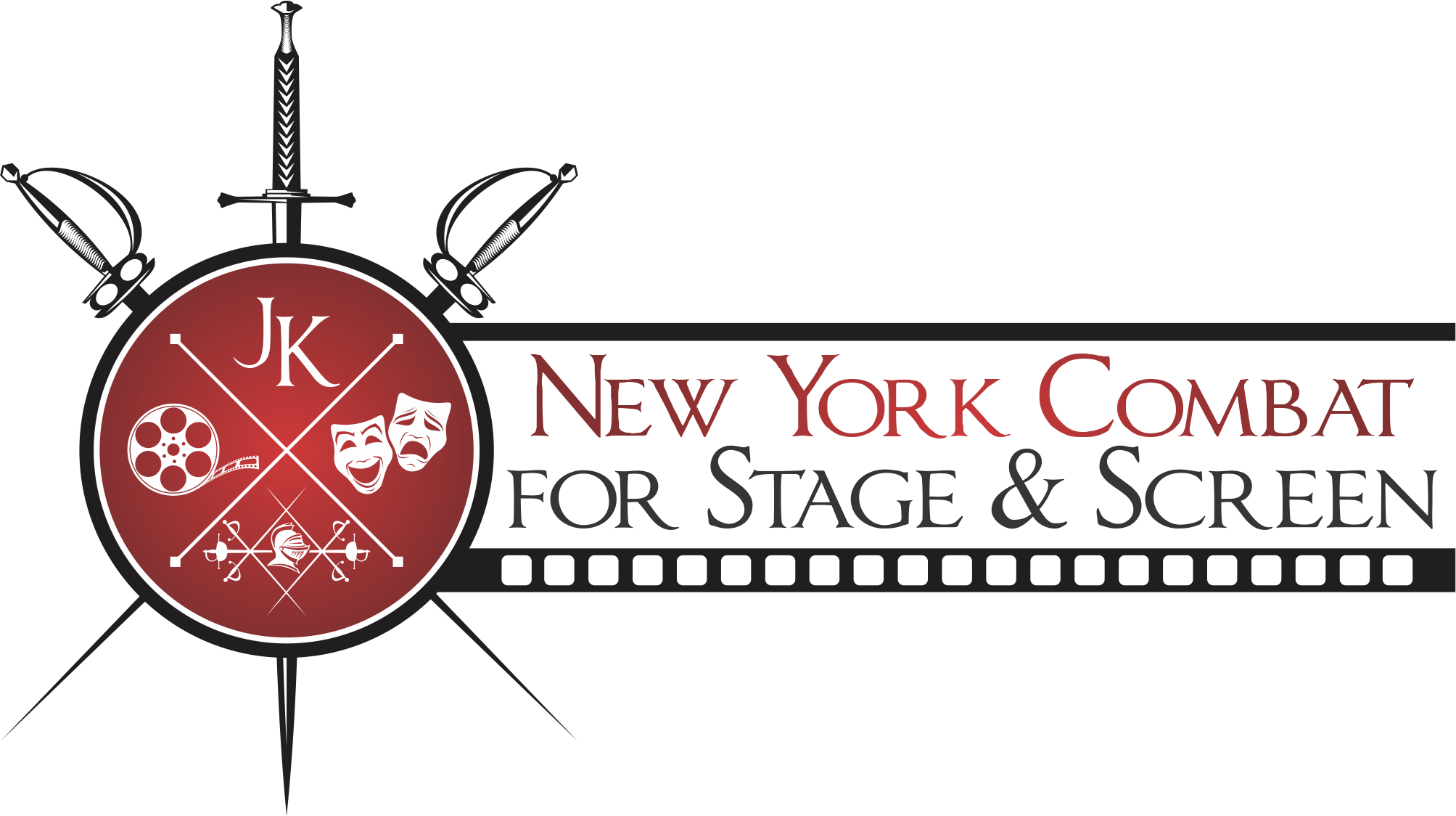3 swords cross over a circle with a film reel, drama/comedy masks, and the initials "JK" and the text next to it reads "New York Combat for Stage & Screen"