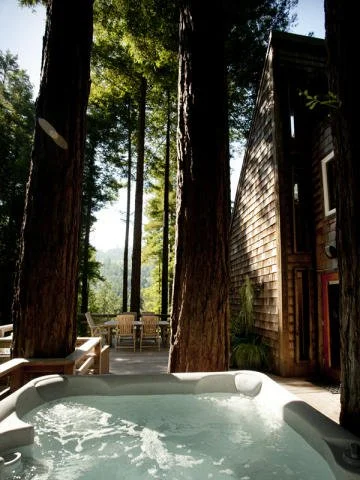 An outdoor hot tub surrounded by redwood trees, with wooden house siding in the background, and patio chairs in a forested area.