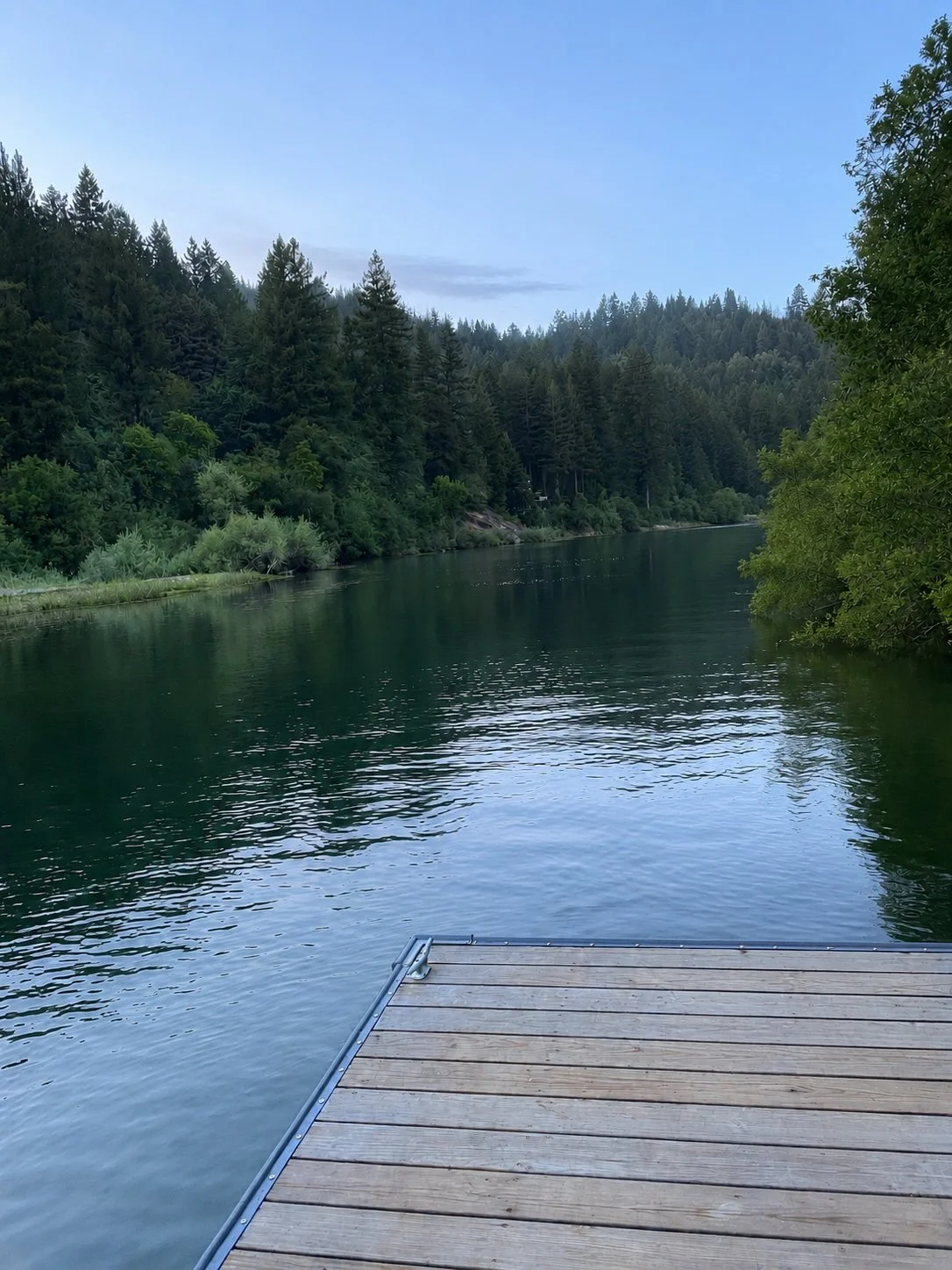 A wooden dock extending into a calm river with reflections of the overcast sky, bordered by lush green trees and pine-covered hills in the background.