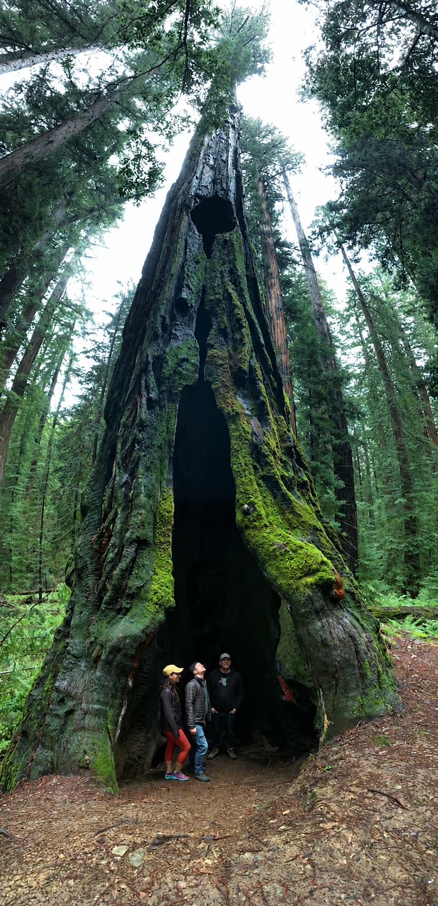 Three people standing inside a hollowed-out old-growth redwood tree trunk in a dense forest with tall trees and greenery.