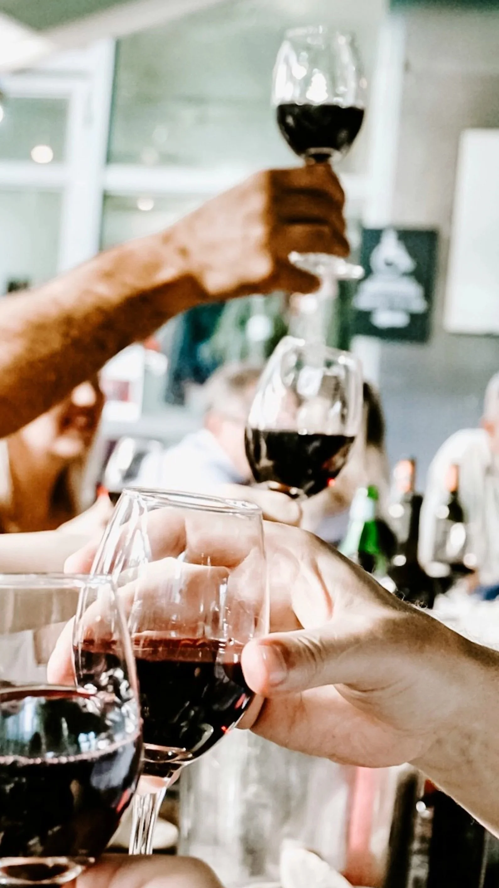 People clinking glasses of red wine at a gathering.