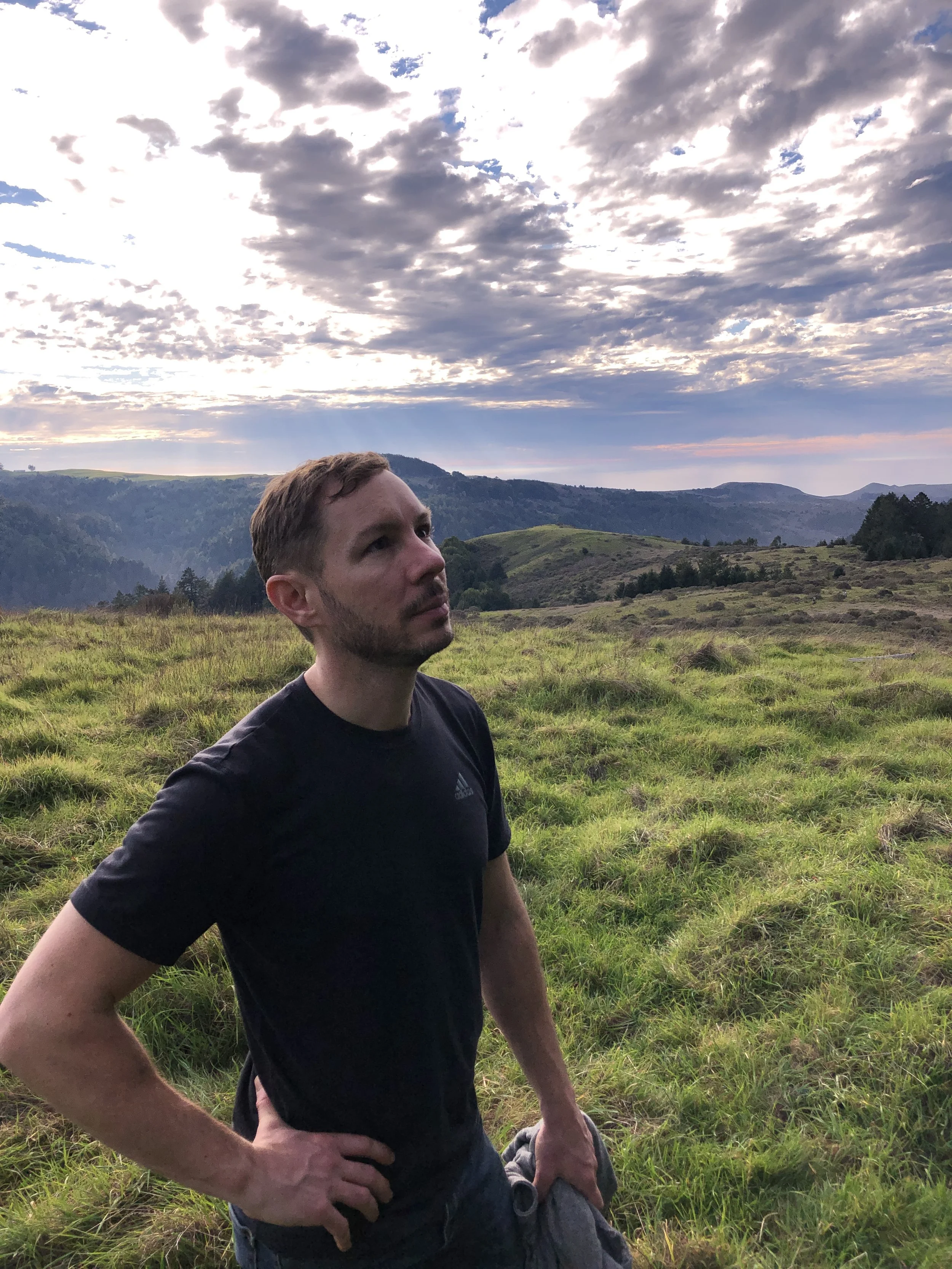 A man with short hair and a beard wearing a black T-shirt standing outdoors in a grassy field with mountains in the background under a cloudy sky.