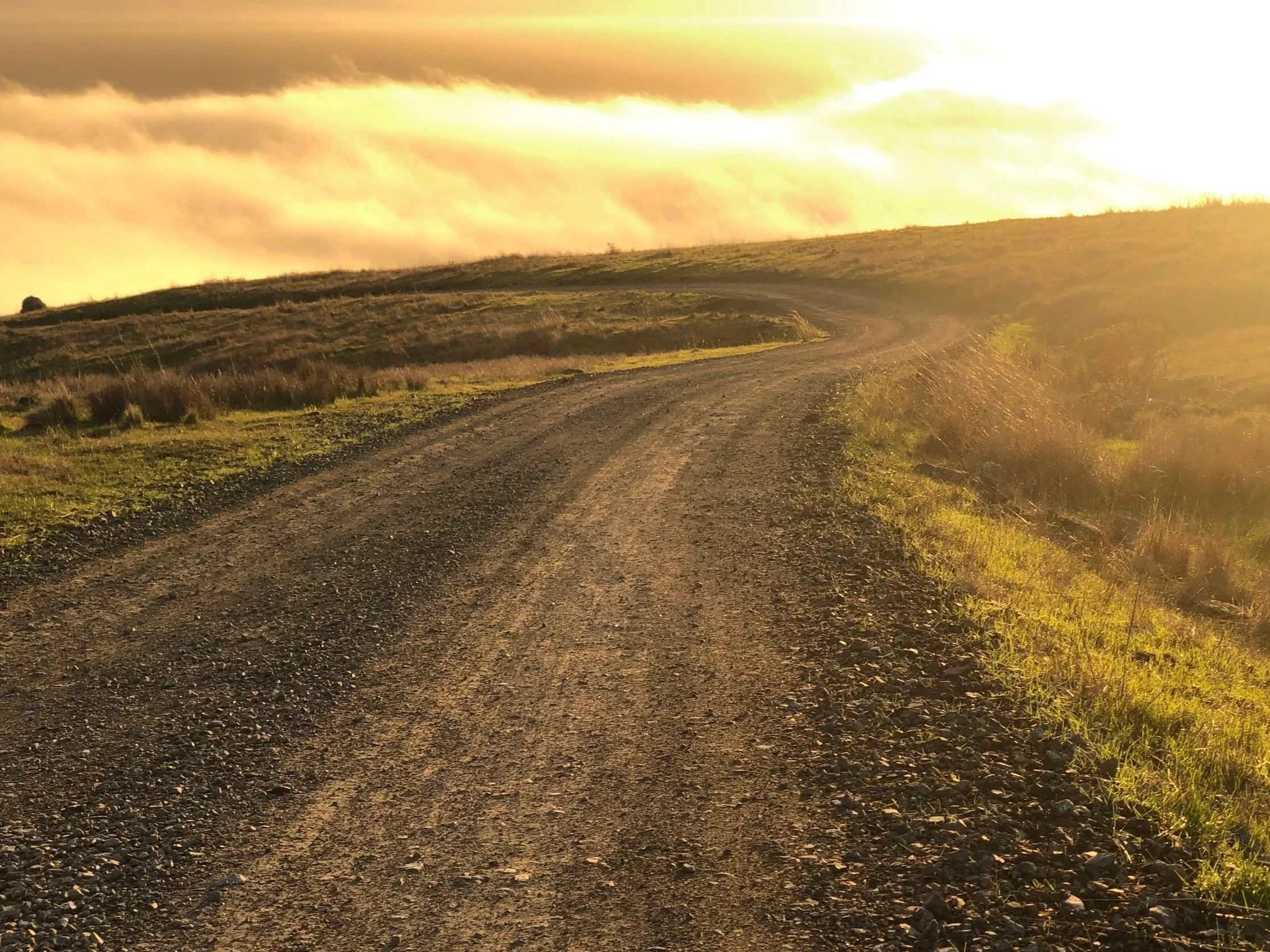 An old fire road, now a hiking path, winding through grassy fields with a large plume of fog and a bright sunsetin the distance under a partly cloudy sky.