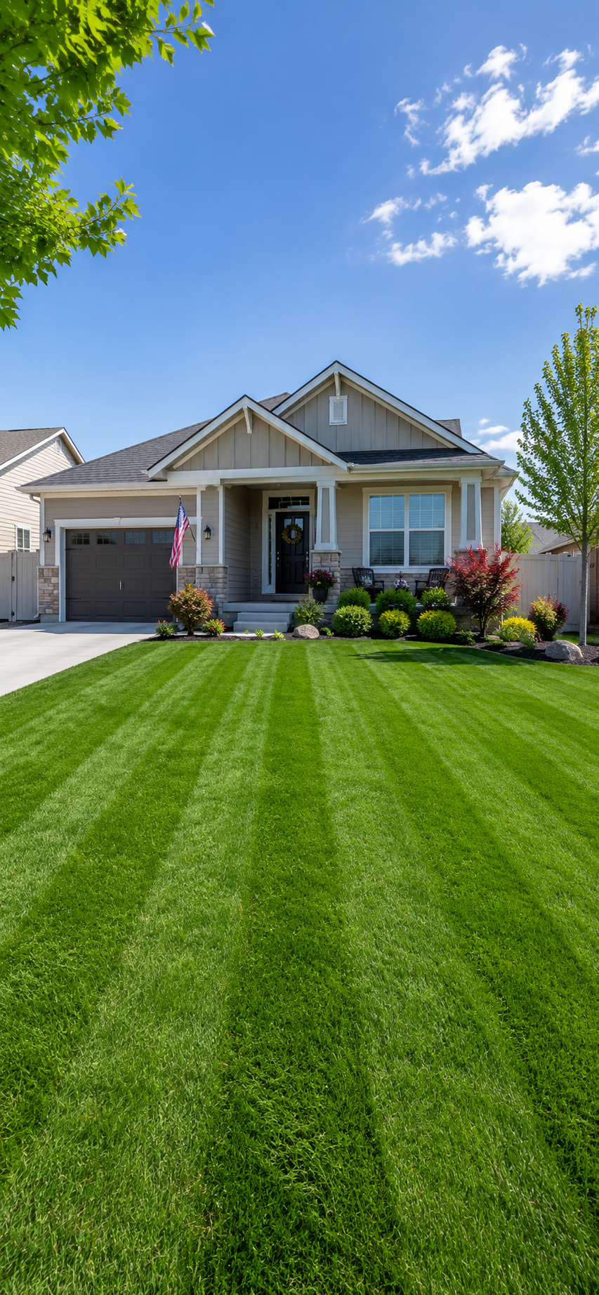 Front view of a suburban house with a well-maintained green lawn, landscaped garden, and a blue sky with a few clouds.
