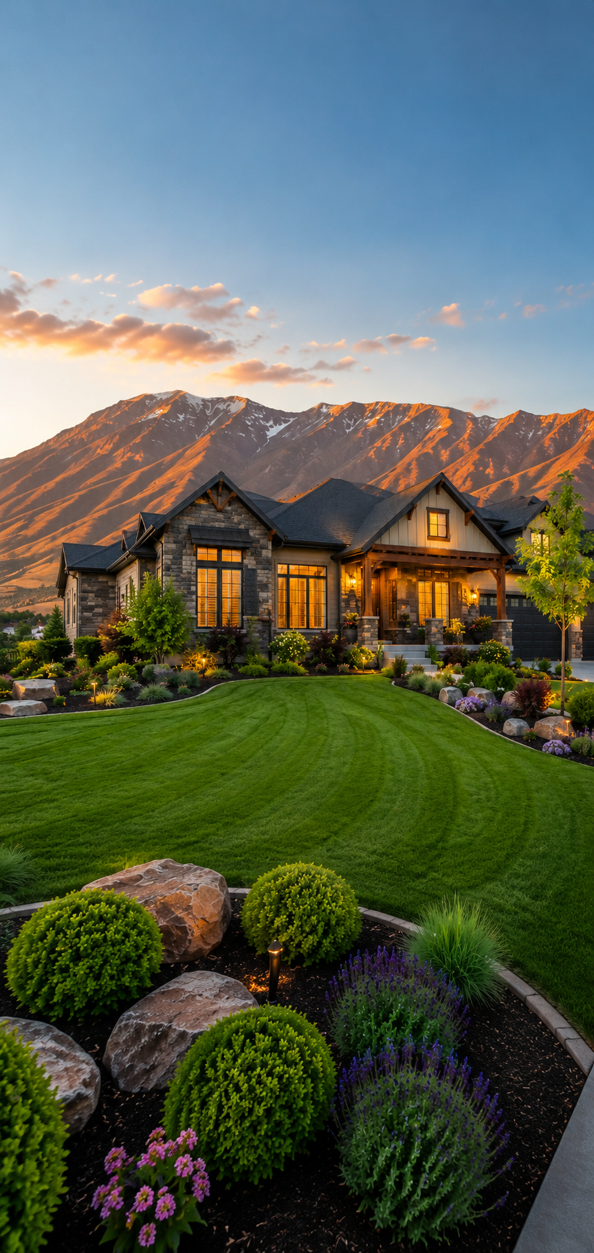 A large house with stone and wood exterior, illuminated by warm lights, set against a mountain range at sunset. The front yard features manicured green lawn, flower beds with purple and pink flowers, bushes, and large rocks.