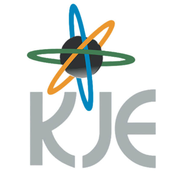 Logo with the letters 'KJE' and an orbiting sphere with multi-colored rings.