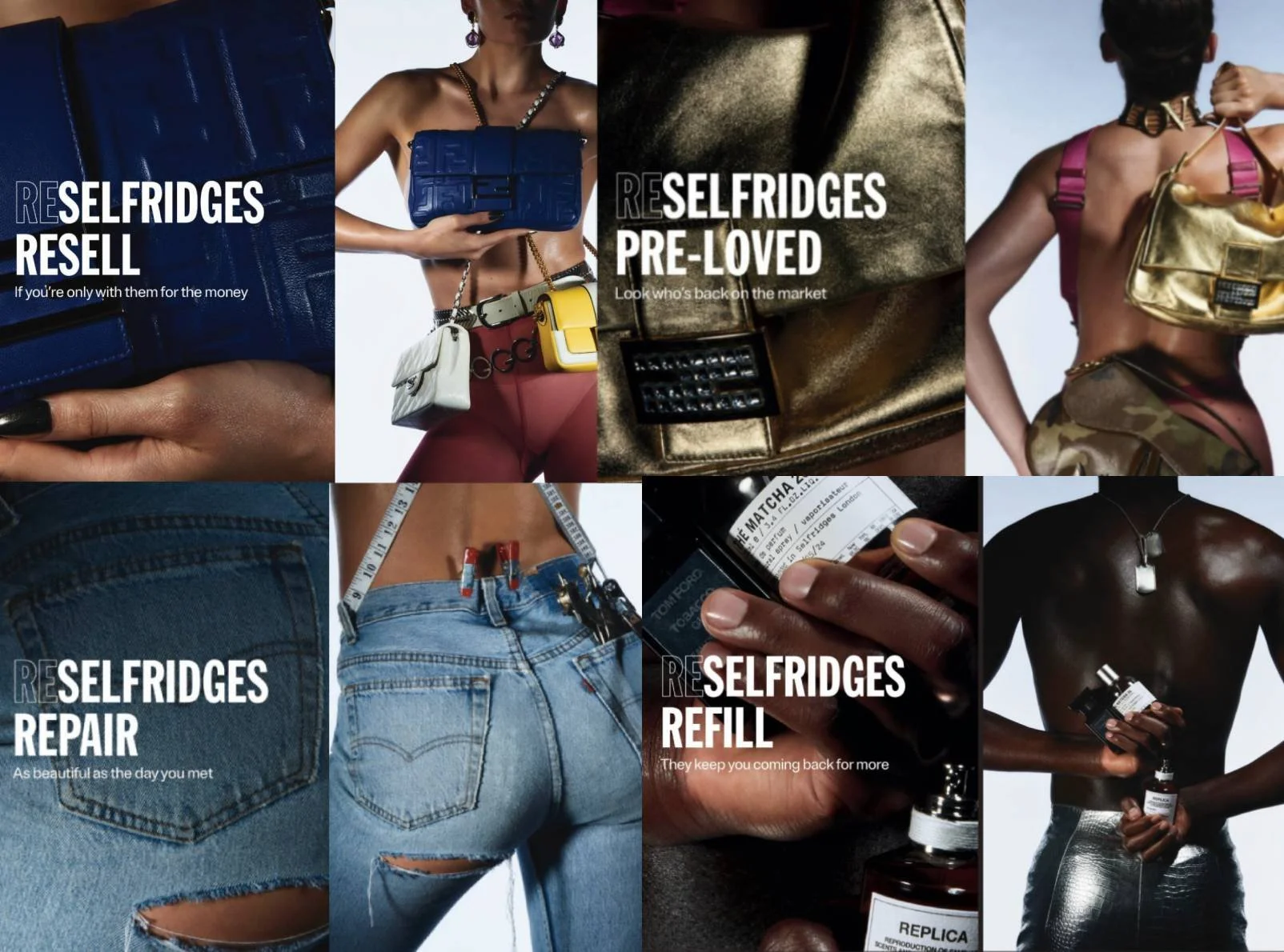 Collage of fashion items, accessories, and clothing showcasing a resale brand called "Reselfridges" including handbags, jeans, jewelry, perfume, and other accessories with text overlay indicating different aspects of resale shopping like "Resell," "Pre-Loved," "Repair," and "Refill."