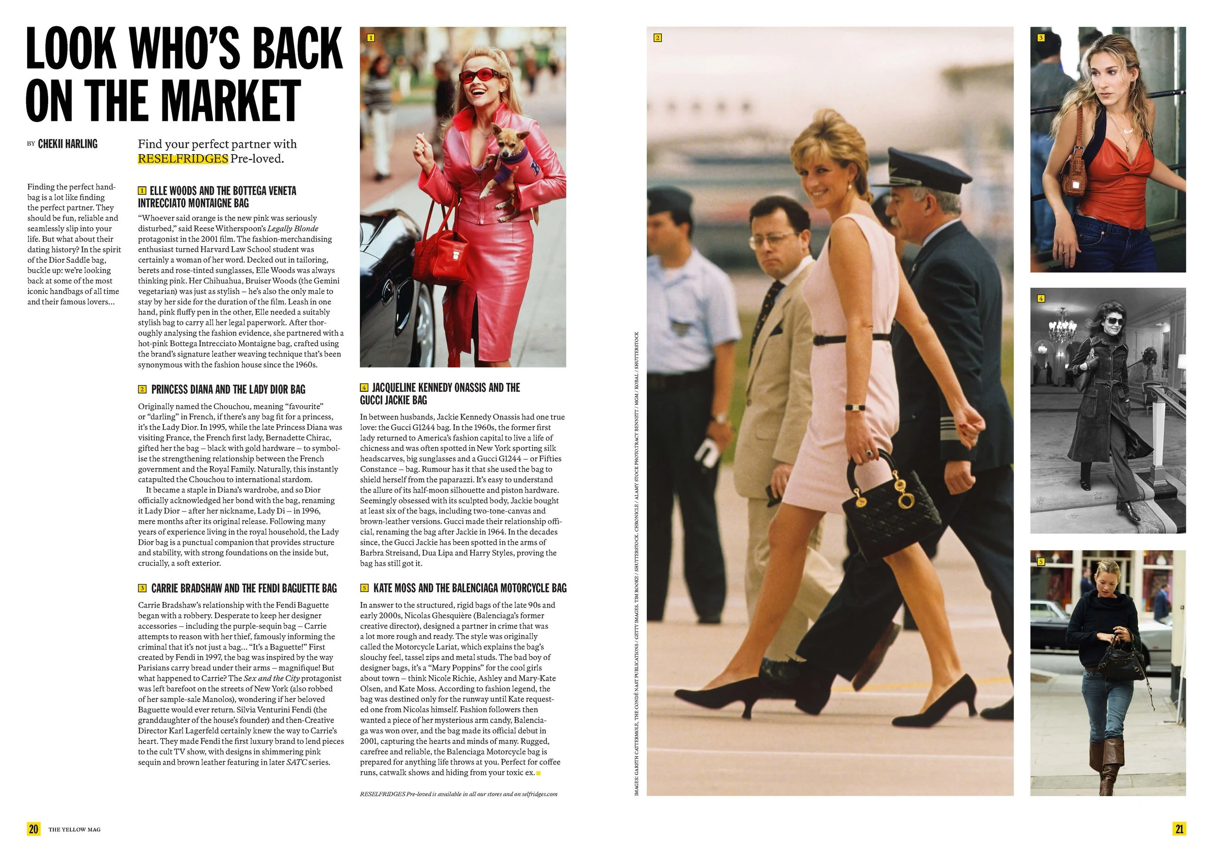 Magazine spread featuring several photographs of women in fashionable outfits walking outdoors, with some wearing designer bags and high heels, and a black-and-white photo of a woman in a long coat holding a purse at a train station.