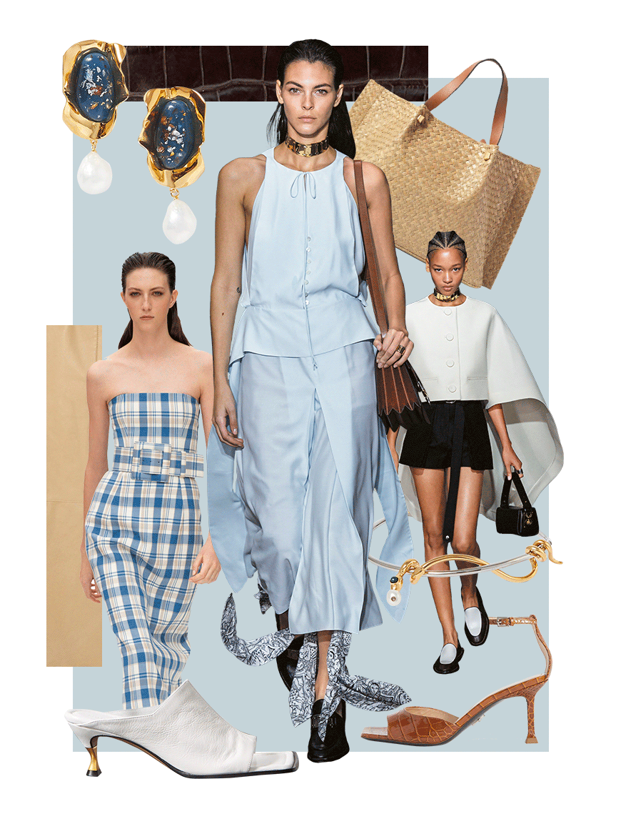 Collection of fashion items including two women in stylish outfits, jewelry, shoes, and handbags.
