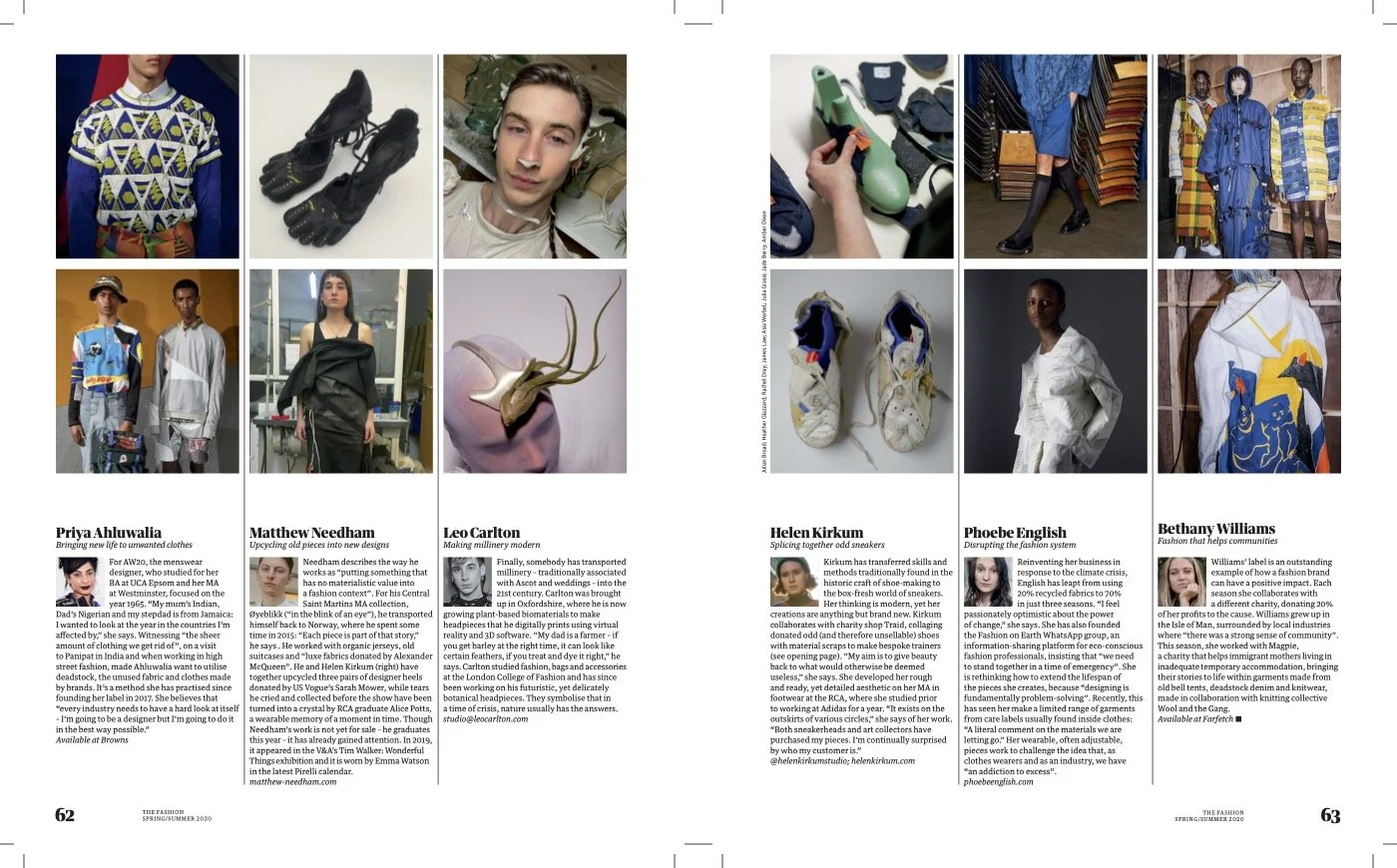 A magazine spread featuring photographs and descriptions of various fashion designers and their work, including images of clothing, shoes, and accessories.