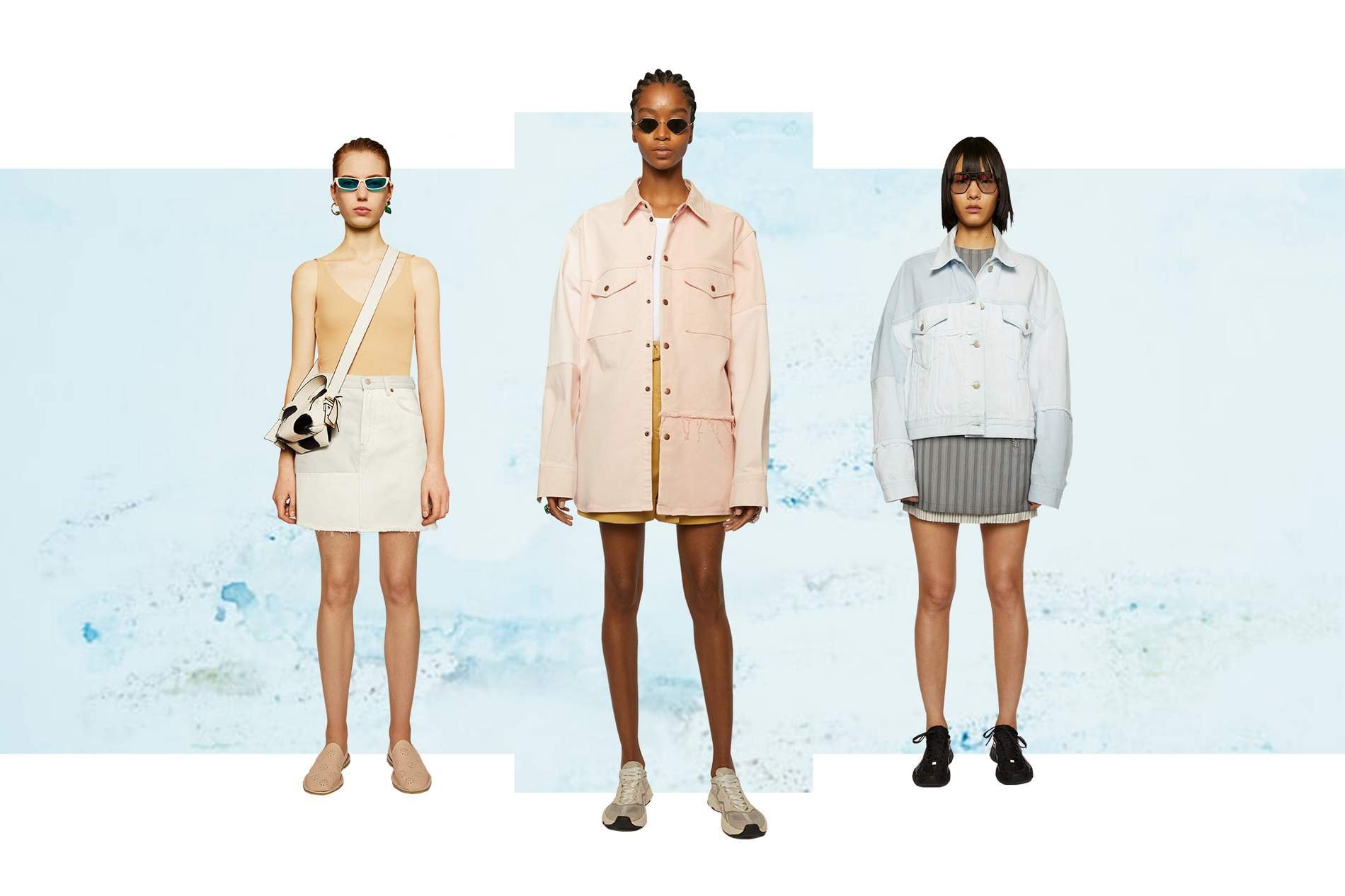 Three women standing on a snowy surface, wearing sunglasses and casual spring outfits.