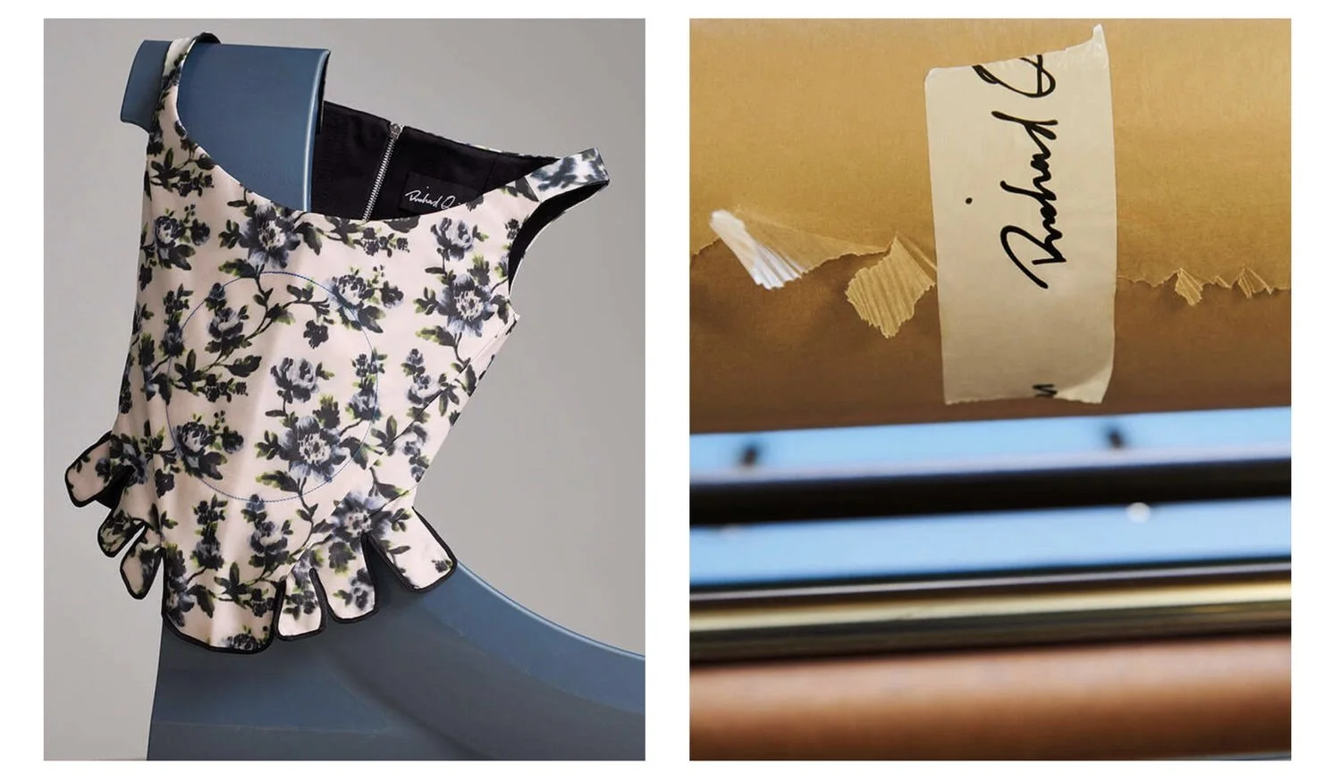 A floral-patterned dress with ruffled sleeves hanging on a blue mannequin on the left. On the right, a close-up of a cardboard box with a torn label that reads "Bordeaux" and a background of stacks of paper or fabric.