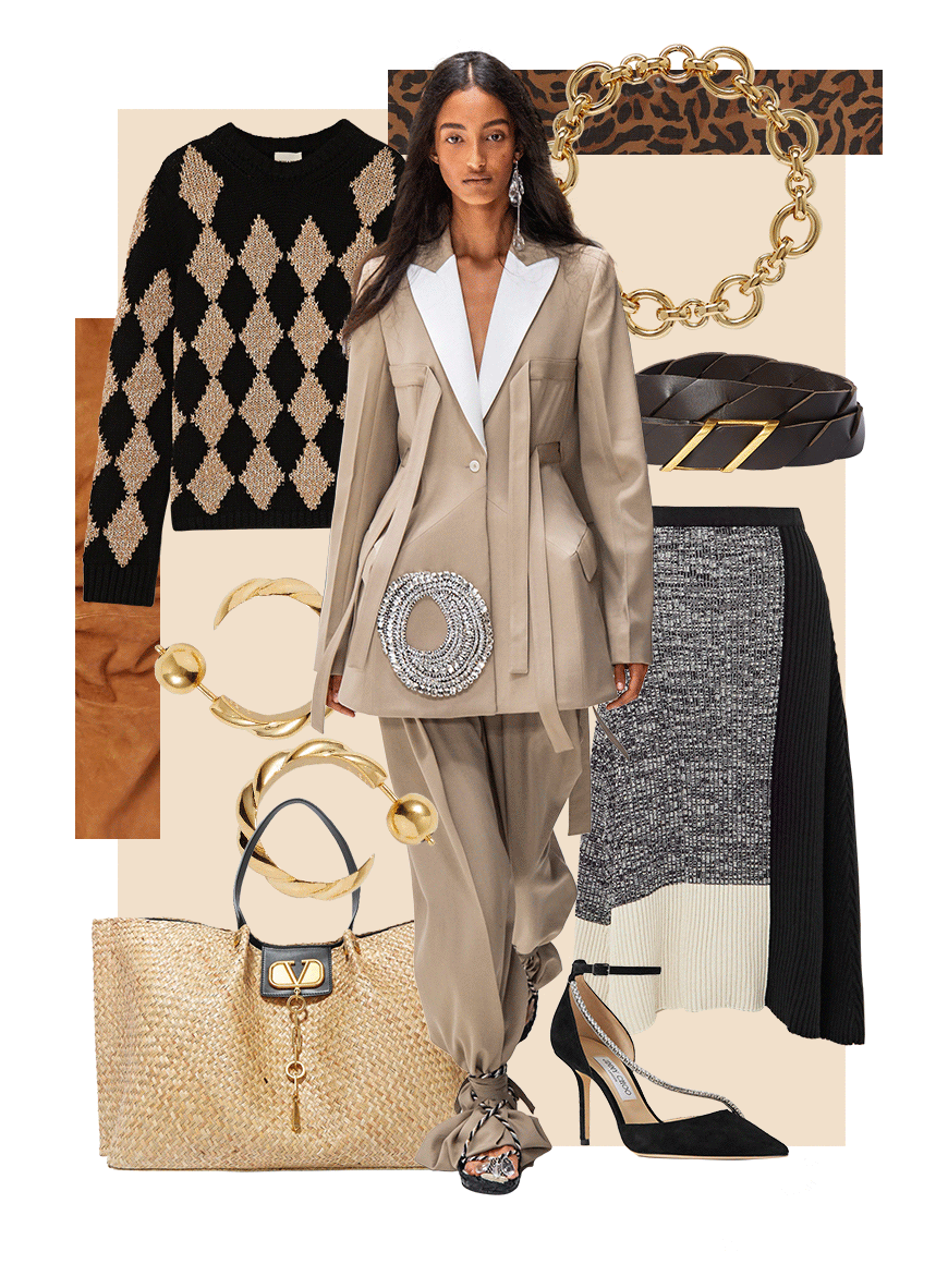 A collage of fashion items featuring a woman in a beige suit with a white shirt, black and beige argyle sweater, high heels, and various jewelry pieces including necklaces, earrings, bracelets, and a large ring, along with black and beige handbags and a knit skirt with metallic accents, set against a background with animal print and textured patterns.