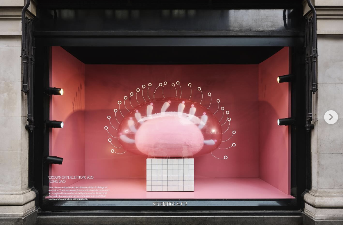 A pink, translucent, dome-shaped sculpture with white light reflections, mounted on a white, grid-patterned pedestal inside a glass display window with pink background, labeled 'Crown of Perception, 2025 Rong Bao'.