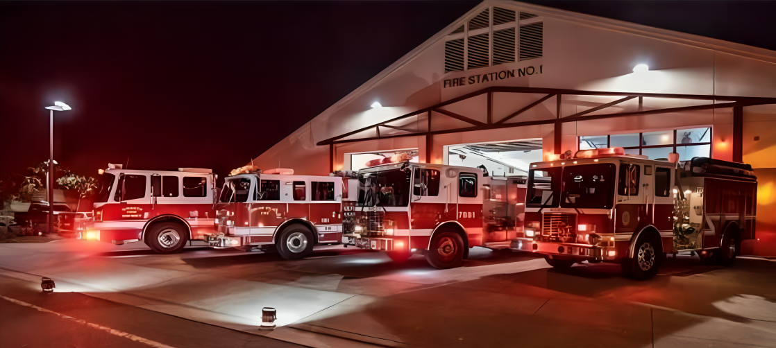 Four fire trucks parked outside Fire Station No. 1 at night, with lights on illuminating the scene.