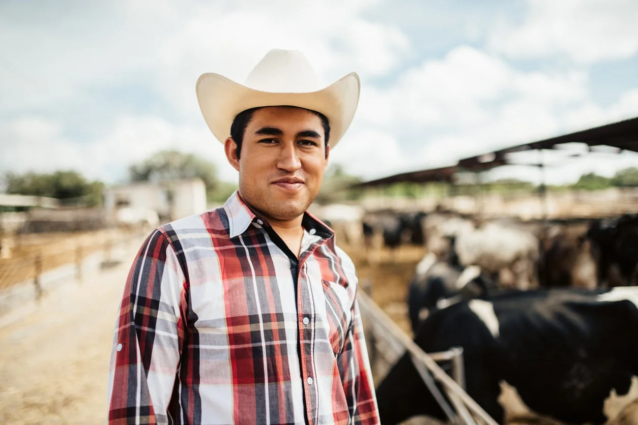 Man in western outfit outside with cows
