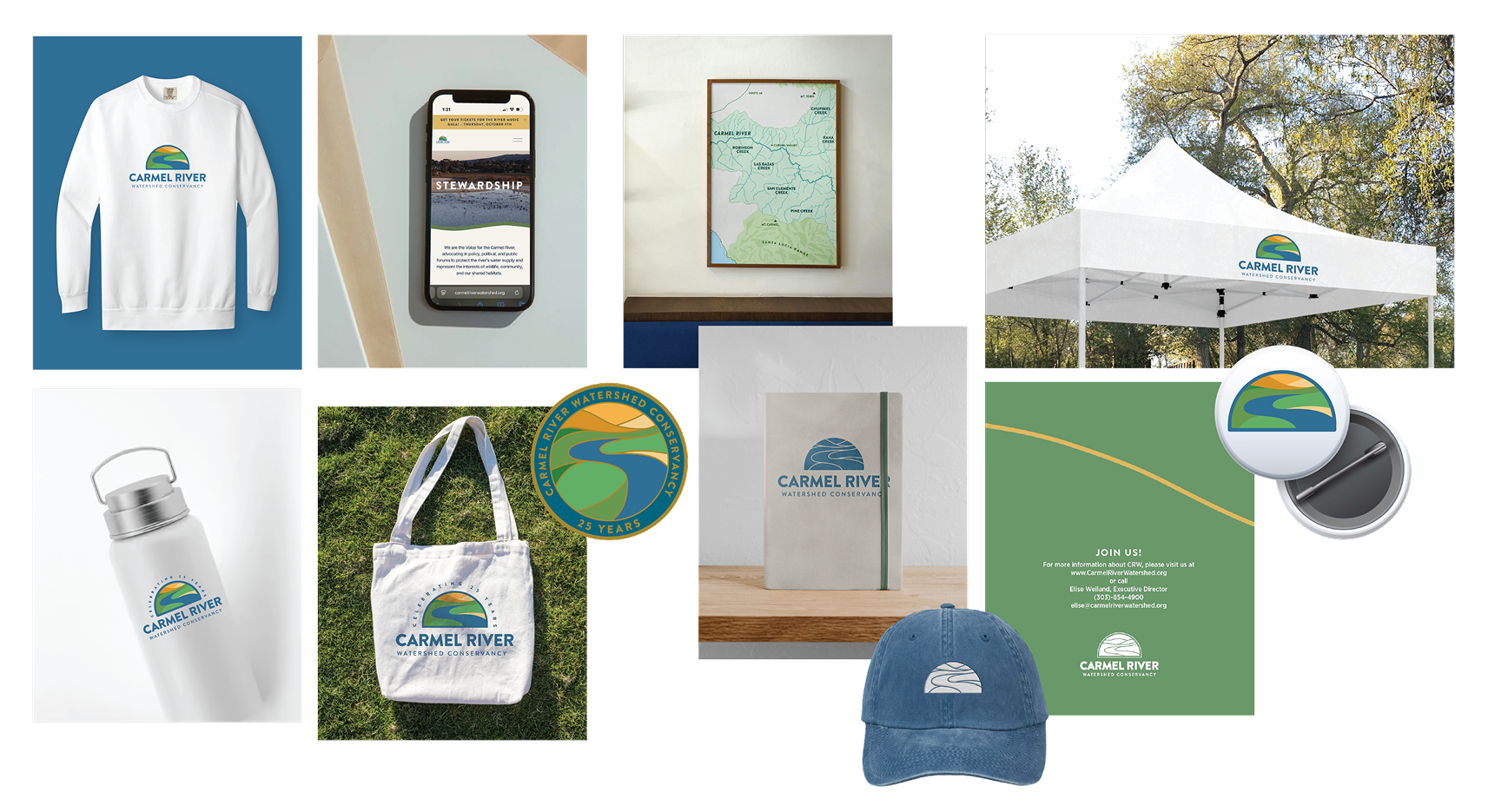 Collage of various carmel river watershed merchandise items