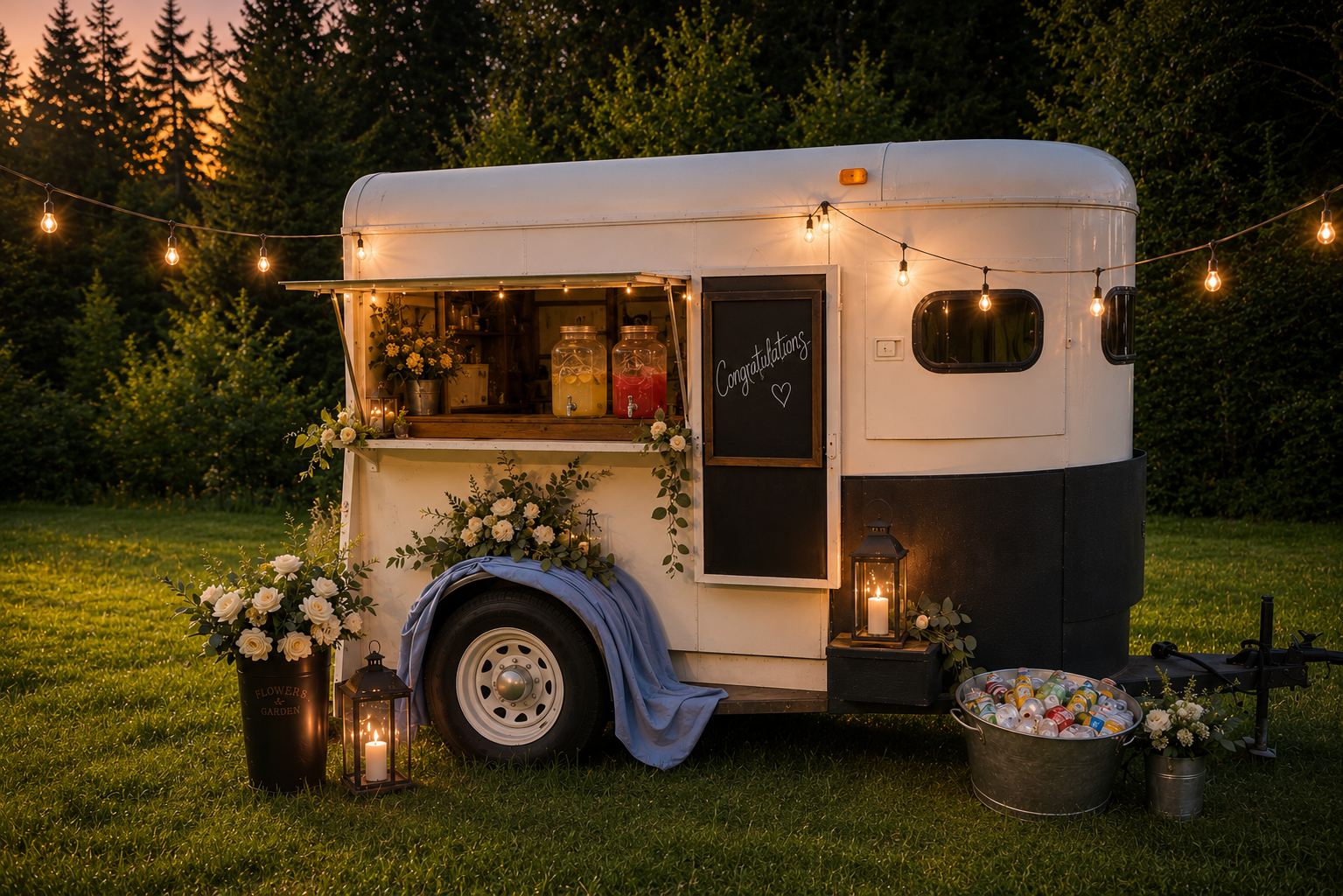 A decorated trailer with a blackboard that says 'Congratulations' and a heart, set up for an outdoor celebration at sunset with string lights, flowers, candles, and beverage dispensers.