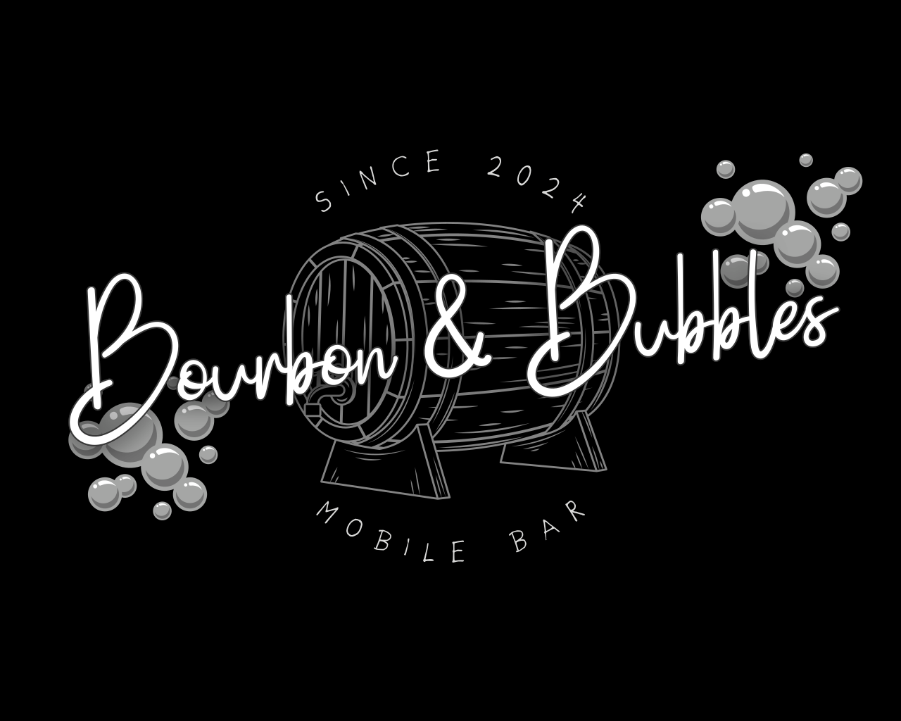 Logo for Bourbon & Bubbles, featuring a wooden barrel, bubbles, and the text 'Since 2024' and 'Mobile Bar' on a black background.