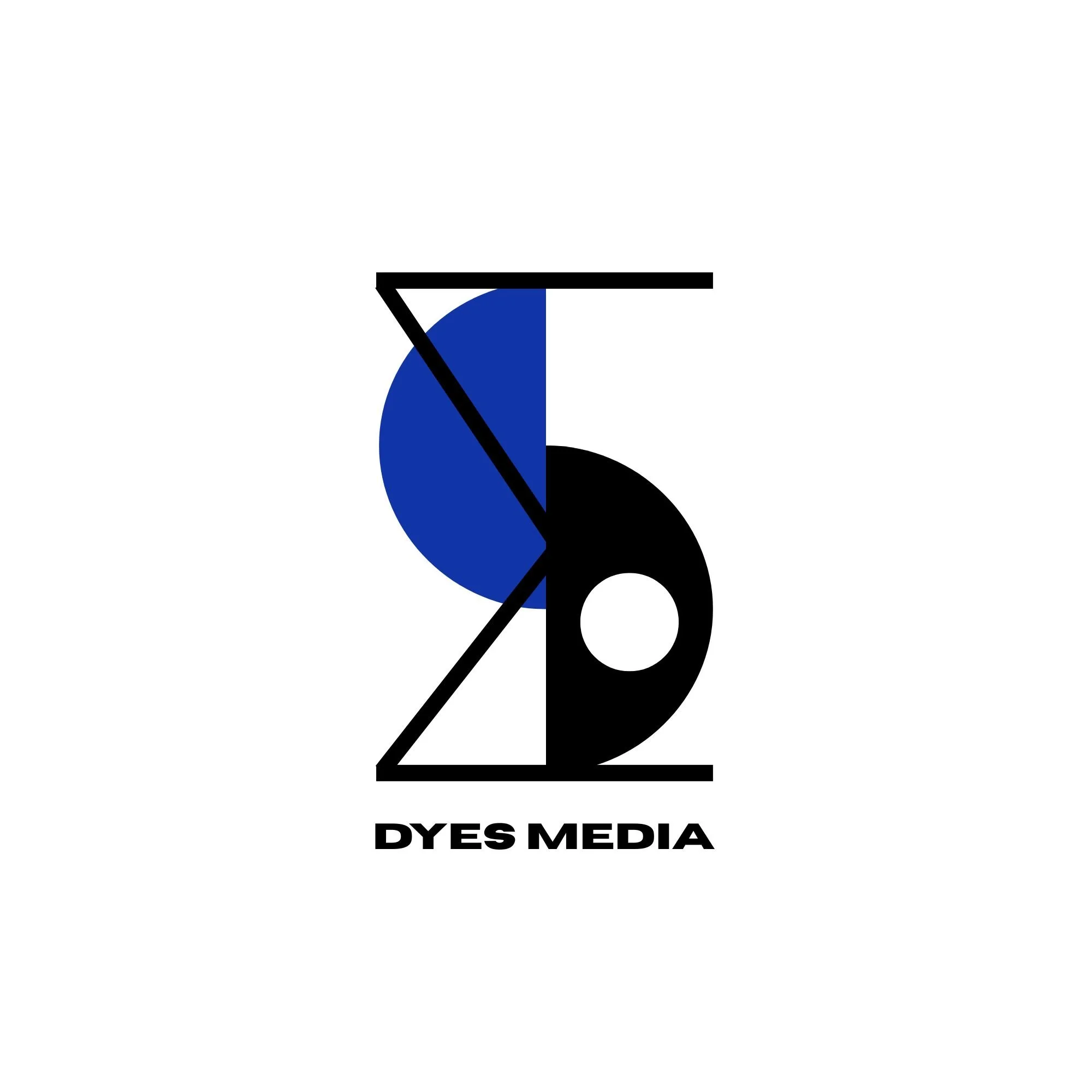 A logo for Dyes Media featuring a black and white stylized letter 'D' with a blue semi-circle and a black triangle shape, accompanied by the black text 'DYES MEDIA' underneath.