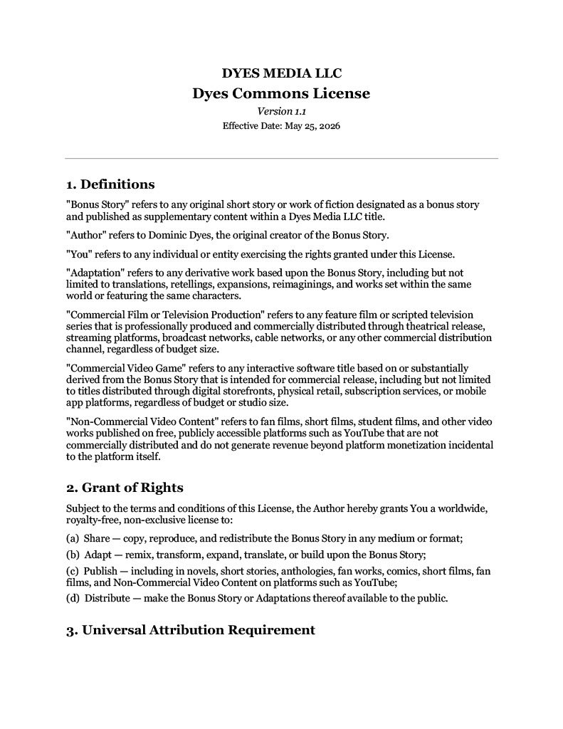 Screenshot of a Dyes Media LLC license document outlining definitions, rights, and attribution requirements.