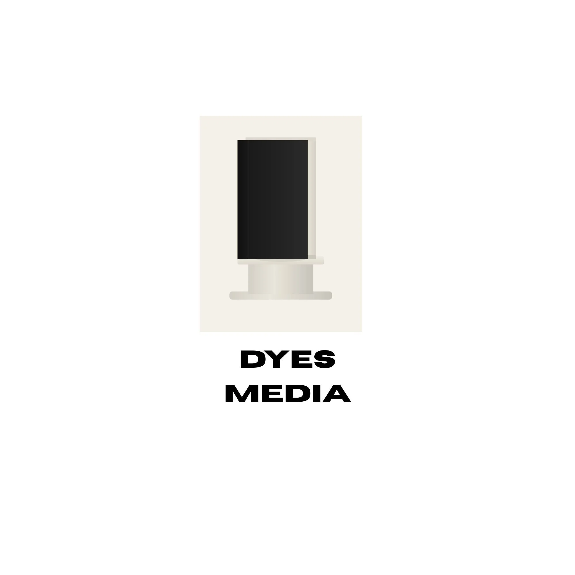 A product label with the name DYES MEDIA, showing a black vertical stripe, placed within a white background.