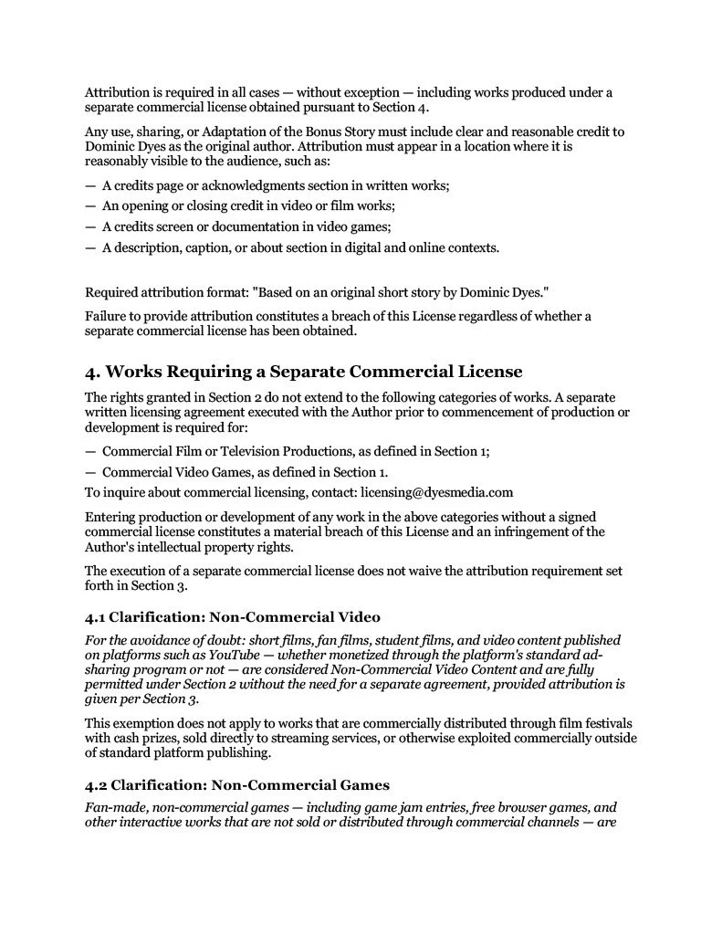A page of text from a legal or licensing document with section headings, including details about licensing requirements and clarifications for non-commercial works.