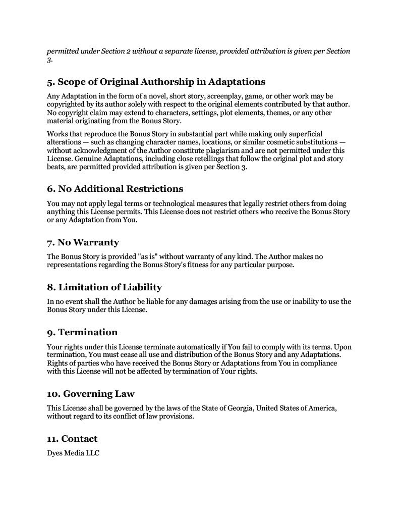 Page of legal text regarding the scope of original authorship, restrictions, warranties, liabilities, termination, governing law, and contact for a license agreement.