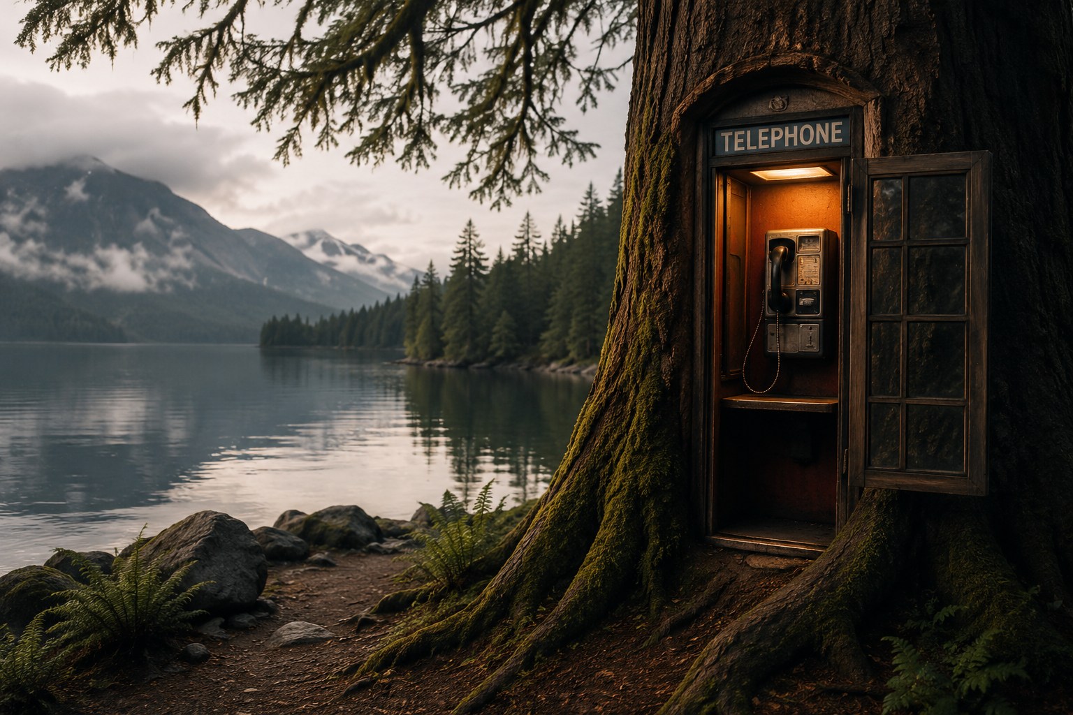 A vintage telephone booth built into a large tree trunk near a lake, with mountains and forest in the background.