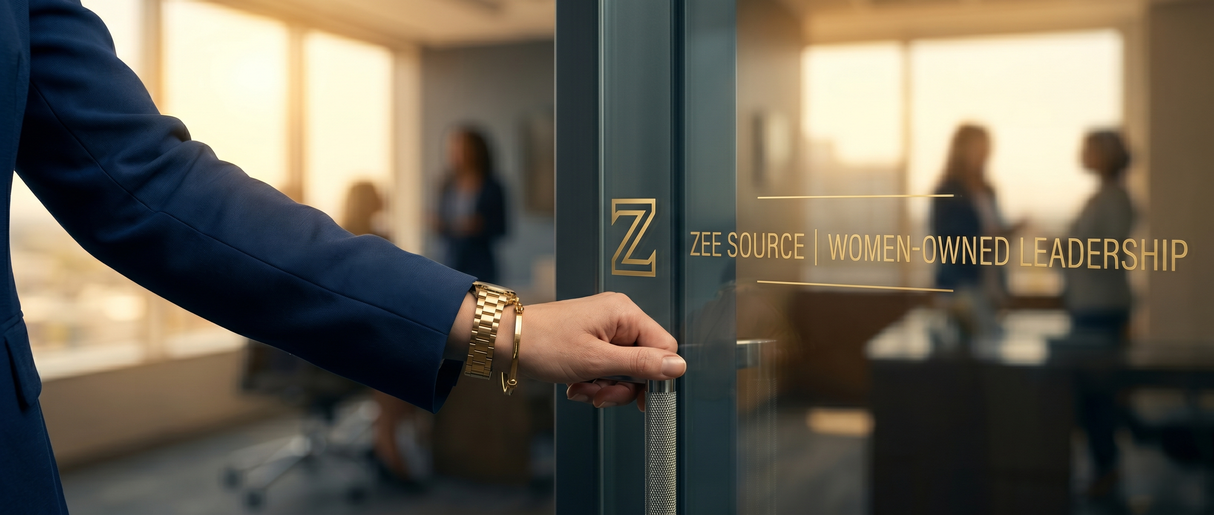 A professional wearing a navy suit and gold watch opening a glass office door that displays the gold Zee Source logo.