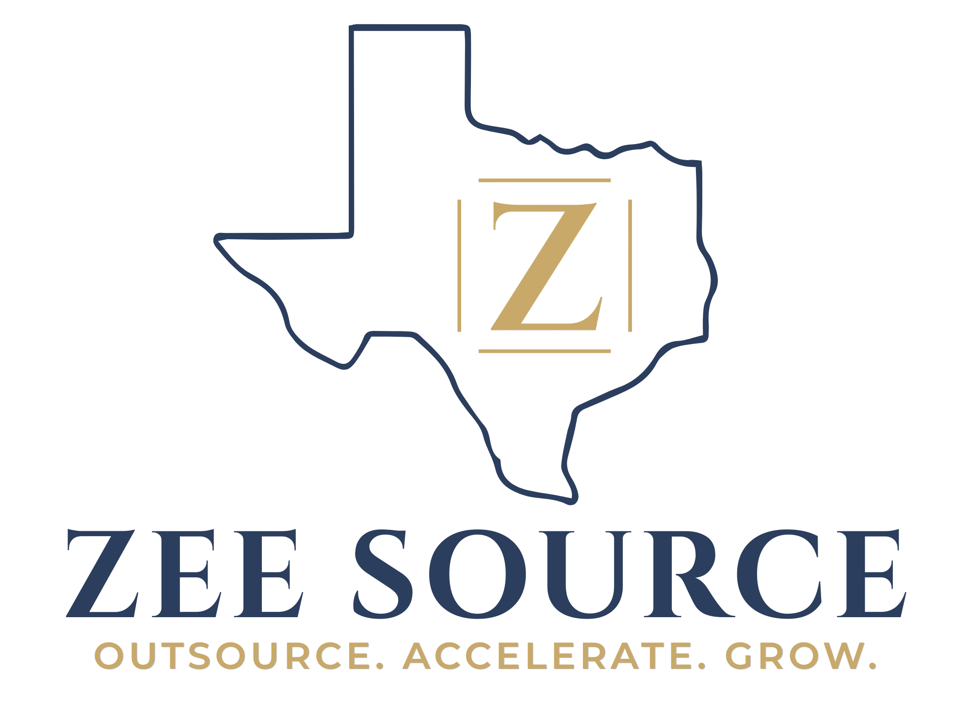 Zee Source logo featuring a gold Z mark centered inside a navy outline of Texas, with the tagline Outsource. Accelerate. Grow.