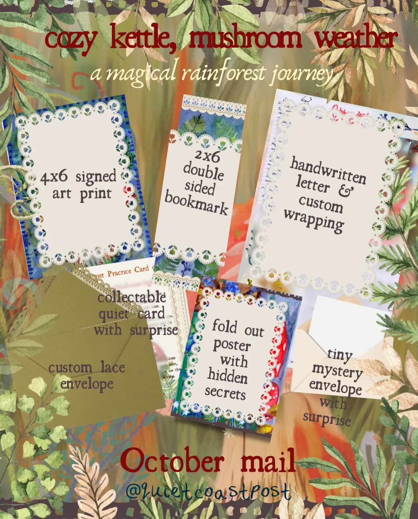 OCTOBER MAIL THEME REVEAL! Cozy kettle, mushroom weather. Transporting you into a moment of that cozy rainforest magic 

This month, I wanted your mailbox to feel like you&rsquo;re stepping through a tiny secret door and into the magic of rainforest 