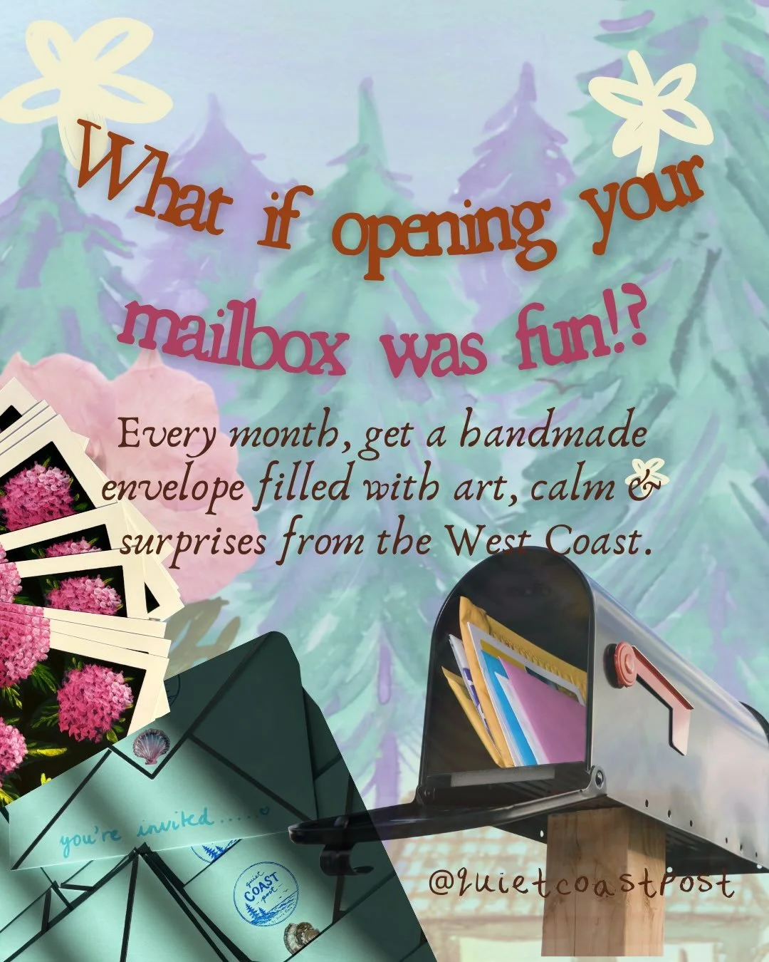 Not another bill! hi! I&rsquo;m Diana. I run Quiet Coast Post, an art mail club from the beautiful shores of the Salish Sea.

I send happy mail/letters all over the world! little bundles of art, calm, whimsy &amp; west coast joy delivered to your mai