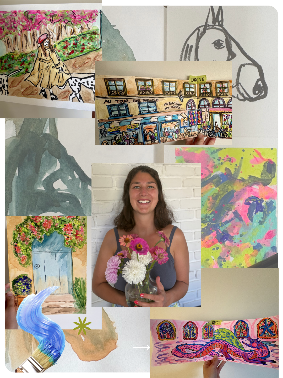A collage of various art pieces including watercolor paintings of flowers, buildings, and a dragon, along with a photograph of a smiling woman holding a bouquet of flowers and a hand holding a colorful abstract painting. There are also sketches of a dog's face and a unicorn.