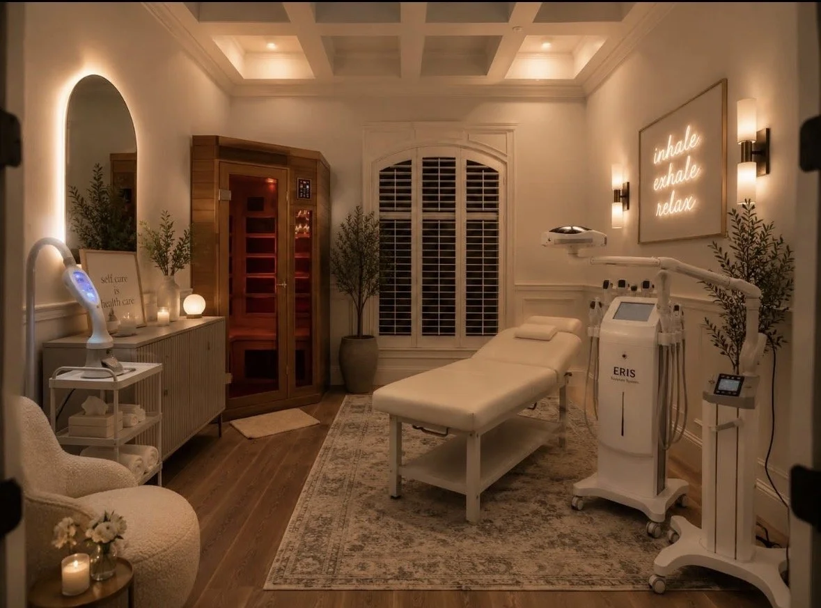 Spa room with treatment bed, sauna, lamps, and relaxing decor, including plants and a neon sign that says 'inhale, exhale, relax'.