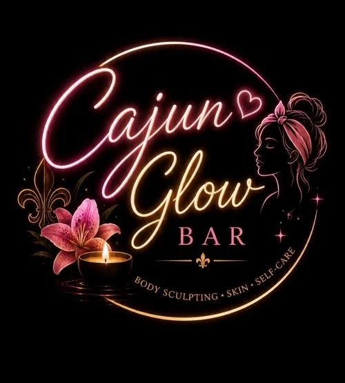 Neon sign for Cajun Glow Bar with a silhouette of a woman, a lily flower, a lit candle, and text indicating body sculpting, skin, and self-care.