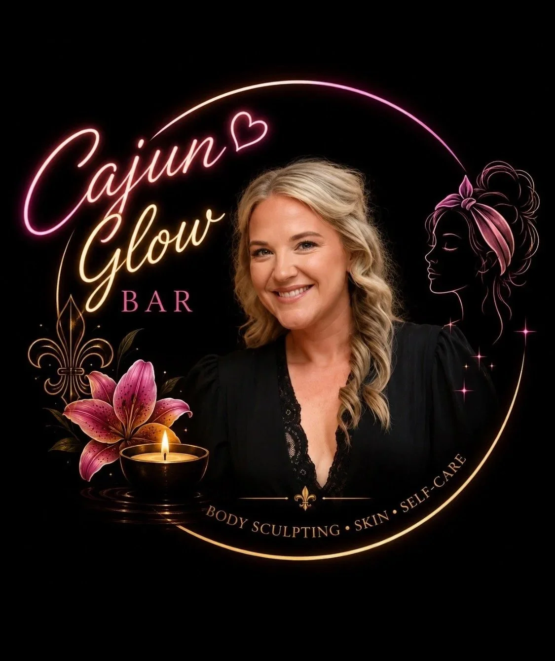 A woman with blonde hair smiling, surrounded by neon signs that read 'Cajun Glow Bar' with a graphic of a woman's face with a headscarf, a pink lily flower, a lit candle, and a circular border with text that says 'Body Sculpting · Skin · Self-Care.'