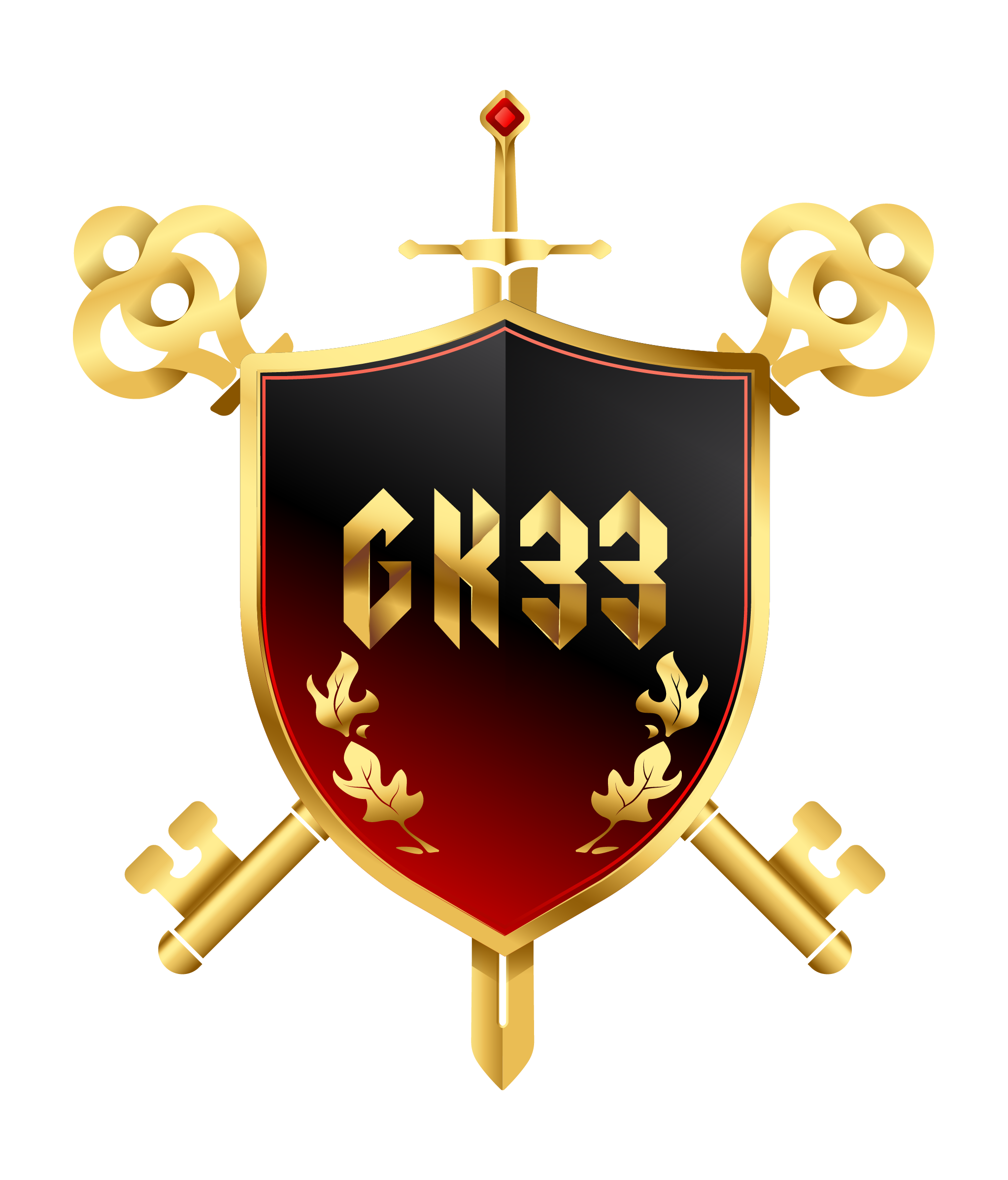 A gold and red crest with the words "GIBBS GAMES" written on a black shield in the center, decorated with ornate gold leaves and embers at the bottom, with a golden scroll behind it.