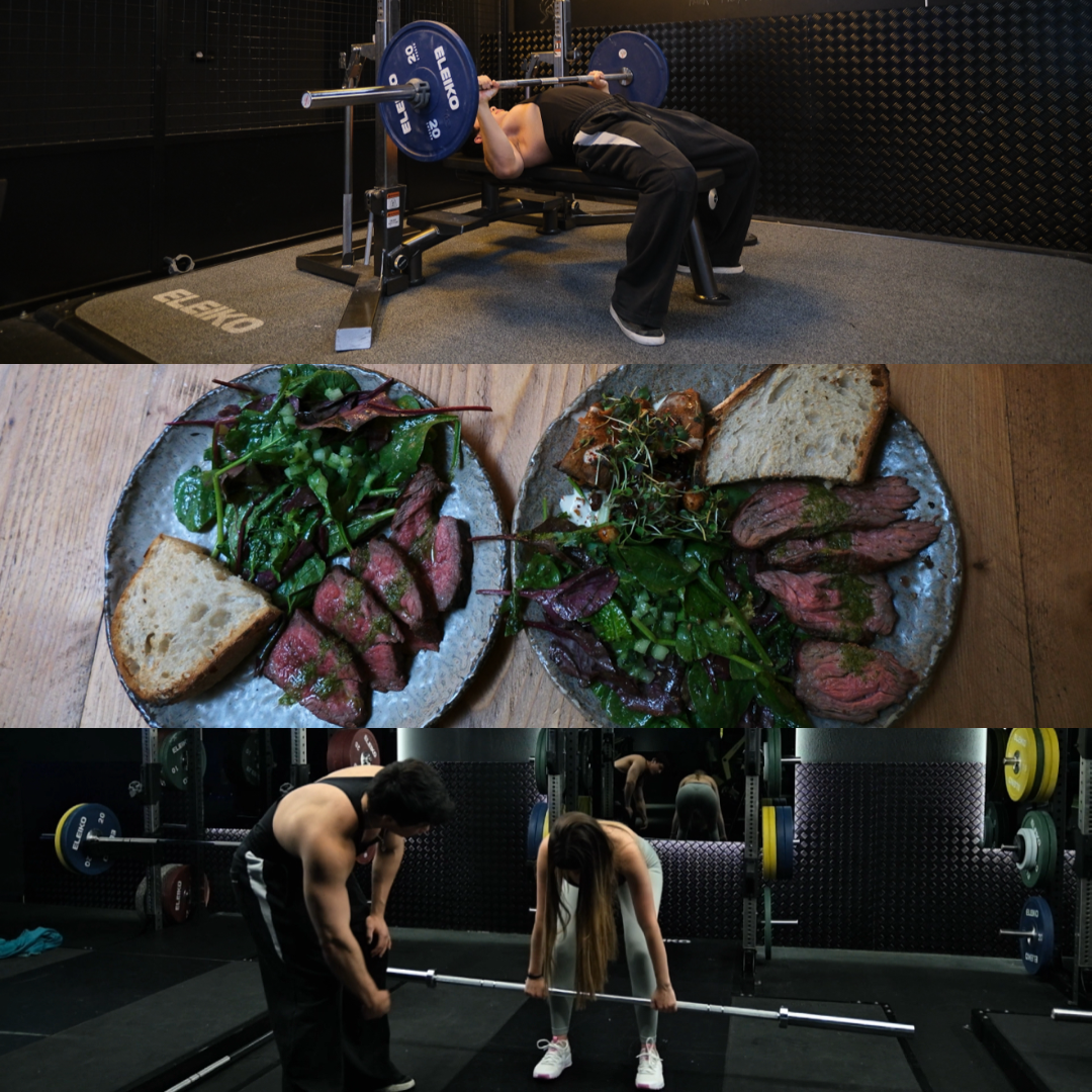 Personas haciendo ejercicios de levantamiento de pesas en el gimnasio, y dos platos con ensalada, carne y pan en una mesa.