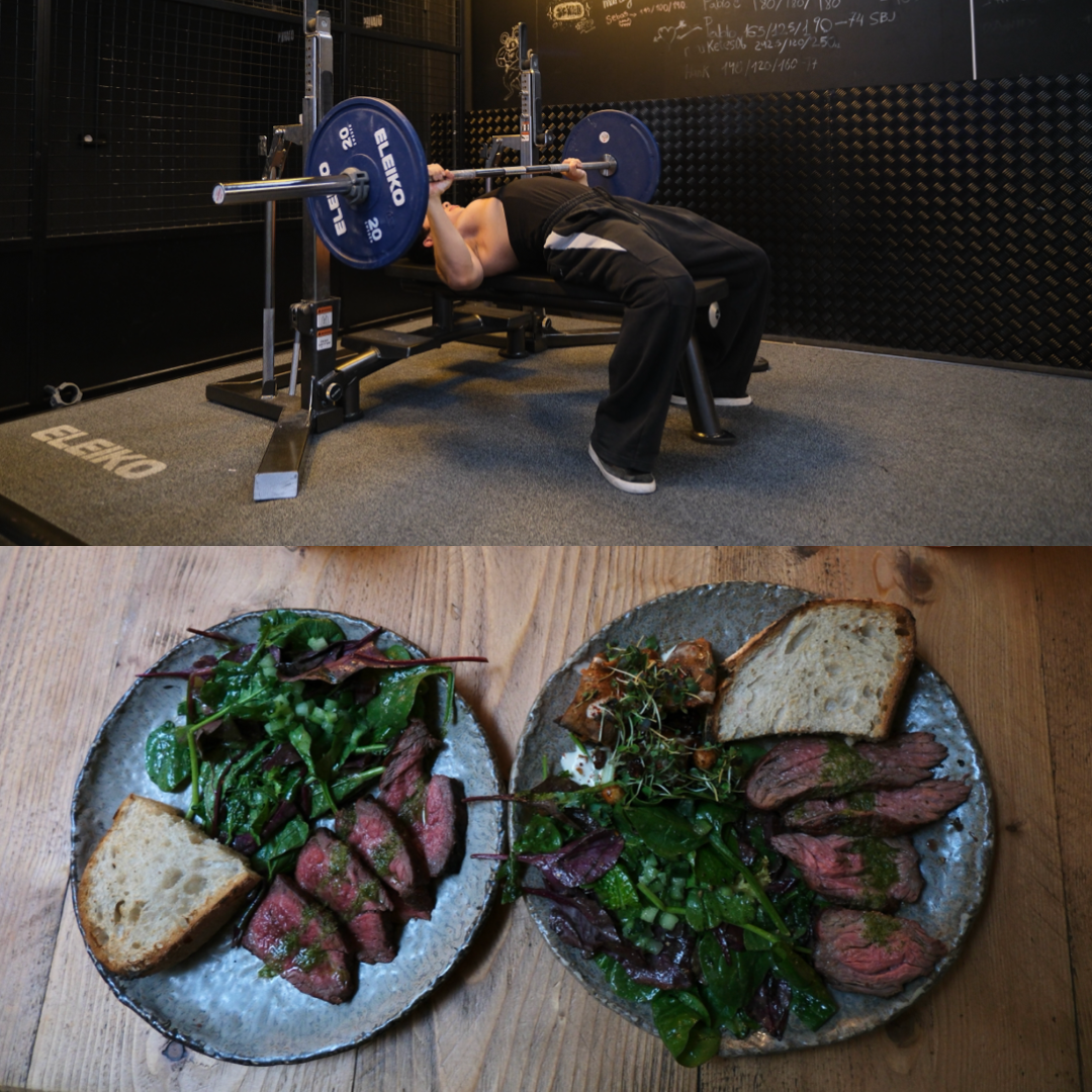 Imagen superior de una persona levantando pesas en un gimnasio, acostada en un banco y sosteniendo una barra con pesas. Imagen inferior de dos platos con carne de res en rodajas, acompañados con ensalada y pan sobre una mesa de madera.
