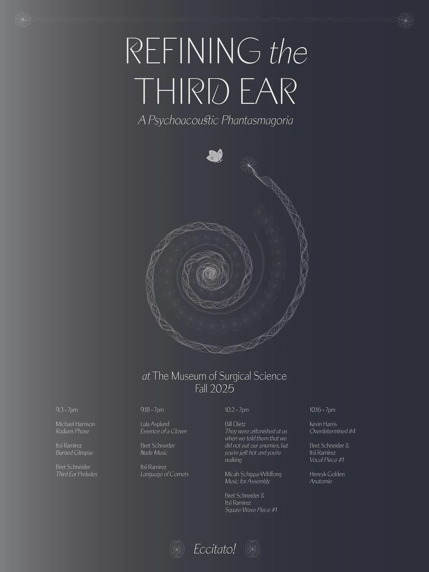 Thursday 09/18/2025 I&rsquo;m excited to be a part of night two of Refining the Third Ear, a concert series for psychoacoustic works. I&rsquo;ll play a new composition &ldquo;Essence of a Clover&rdquo; for laptop. I&rsquo;ll also be participating in 