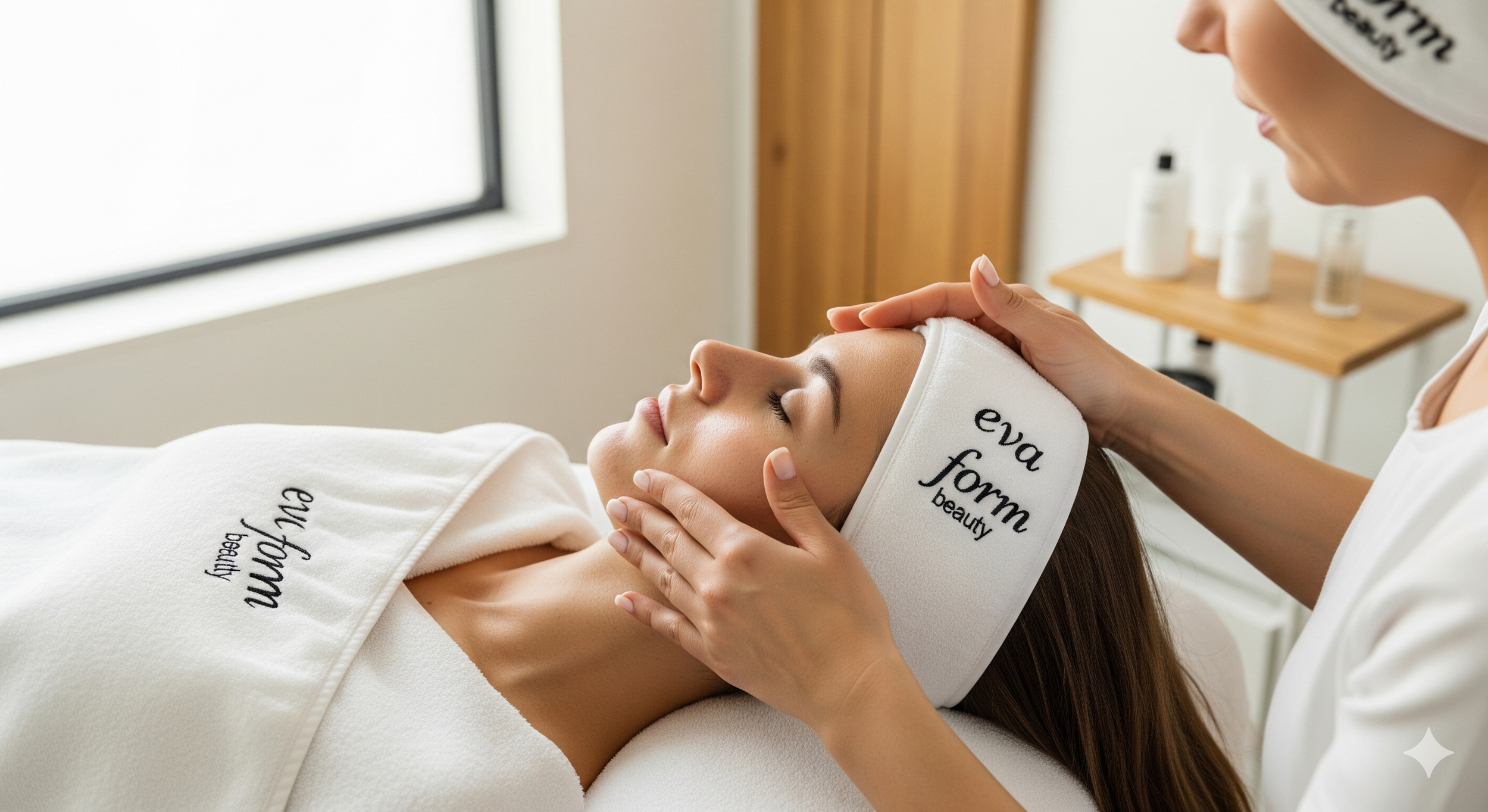 A woman receiving a facial treatment at a spa or skincare clinic, lying down with her eyes closed while a professional gently massages her face.