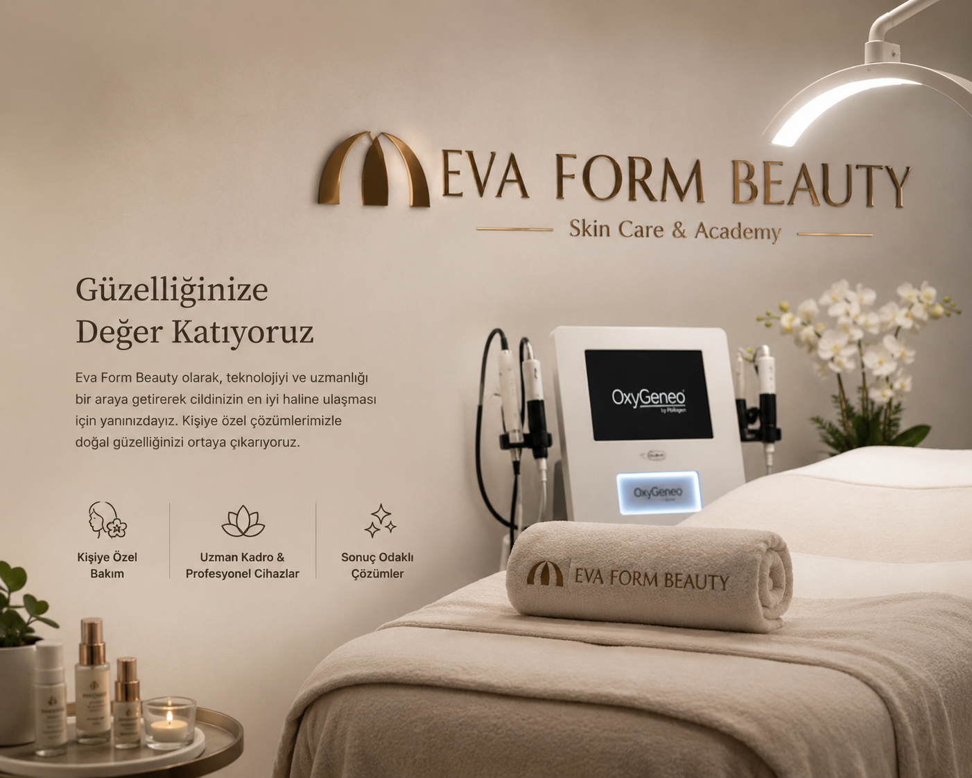 Interior of Eva Form Beauty skincare clinic with a treatment bed covered in a beige towel with the clinic’s logo, a modern medical device labeled OxyGeneo, and white orchids in the background. The wall features the clinic's name, logo, and description in Turkish, emphasizing personalized care, professional equipment, and results-focused solutions.