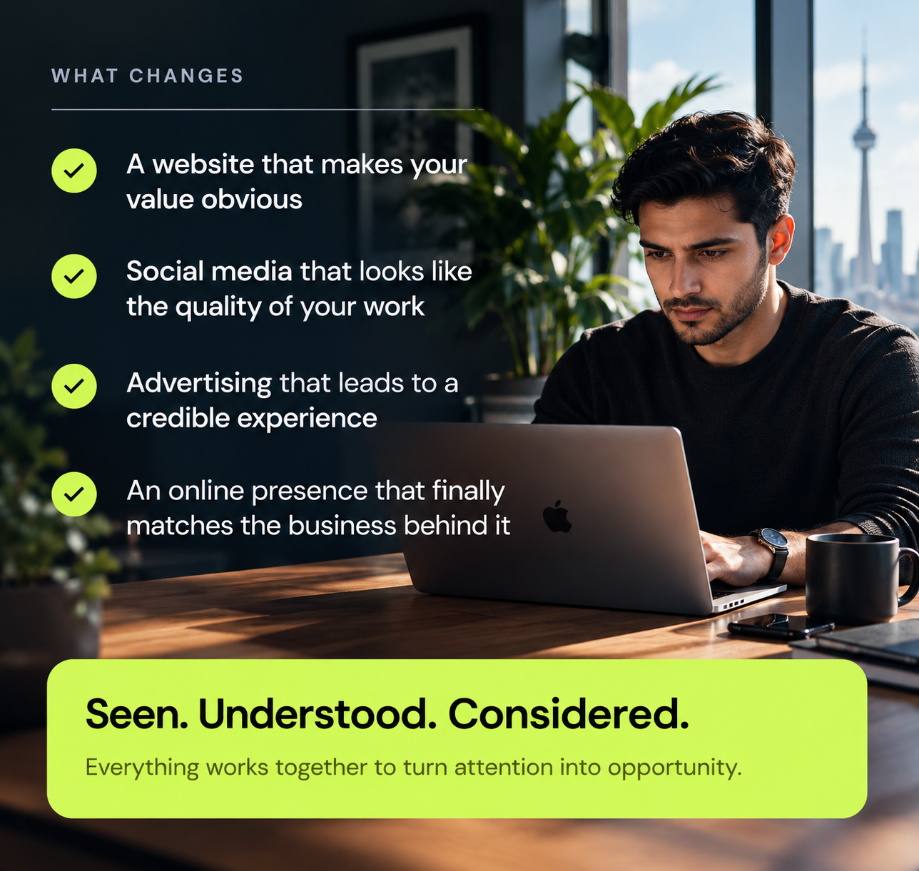A man working on a laptop with a city skyline in the background, alongside a list of digital marketing virtues and a highlighted slogan at the bottom.