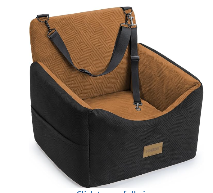 Black and brown portable pet seat with adjustable strap and metal clip