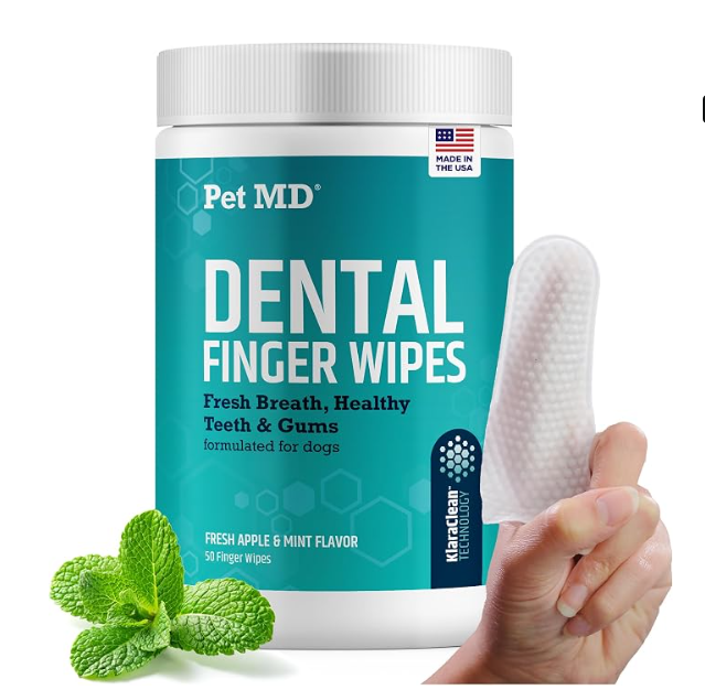 A container of Pet MD dental finger wipes with a hand holding one wipe, a sprig of mint, and a label indicating fresh apple and mint flavor.